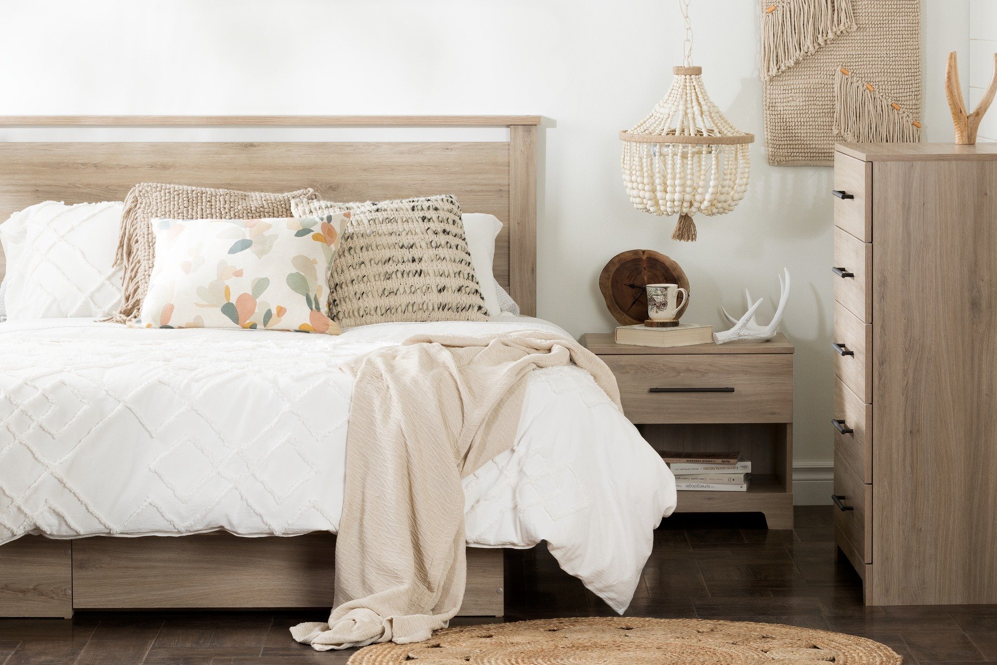 South Shore Primo 5-Drawer Dresser & Fynn 2-Drawer Nightstand Set in Rustic Oak with Nickel Finish Handles - Perfect for Bedroom Furniture and Home Organization