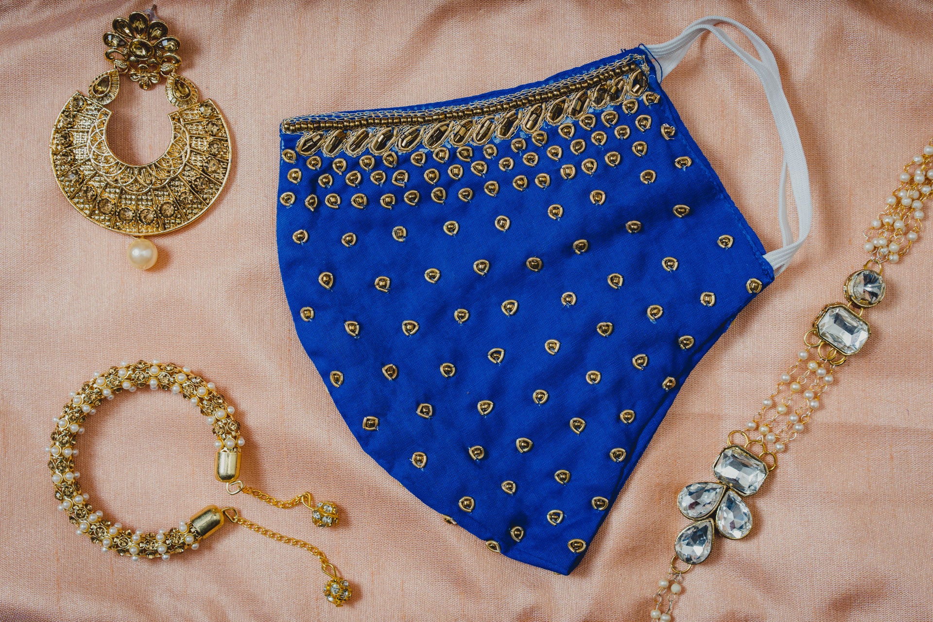 Royal Blue Cotton Face Mask with Gold Embroidery - Breathable & Stylish for Daily Wear, Parties, and Special Occasions