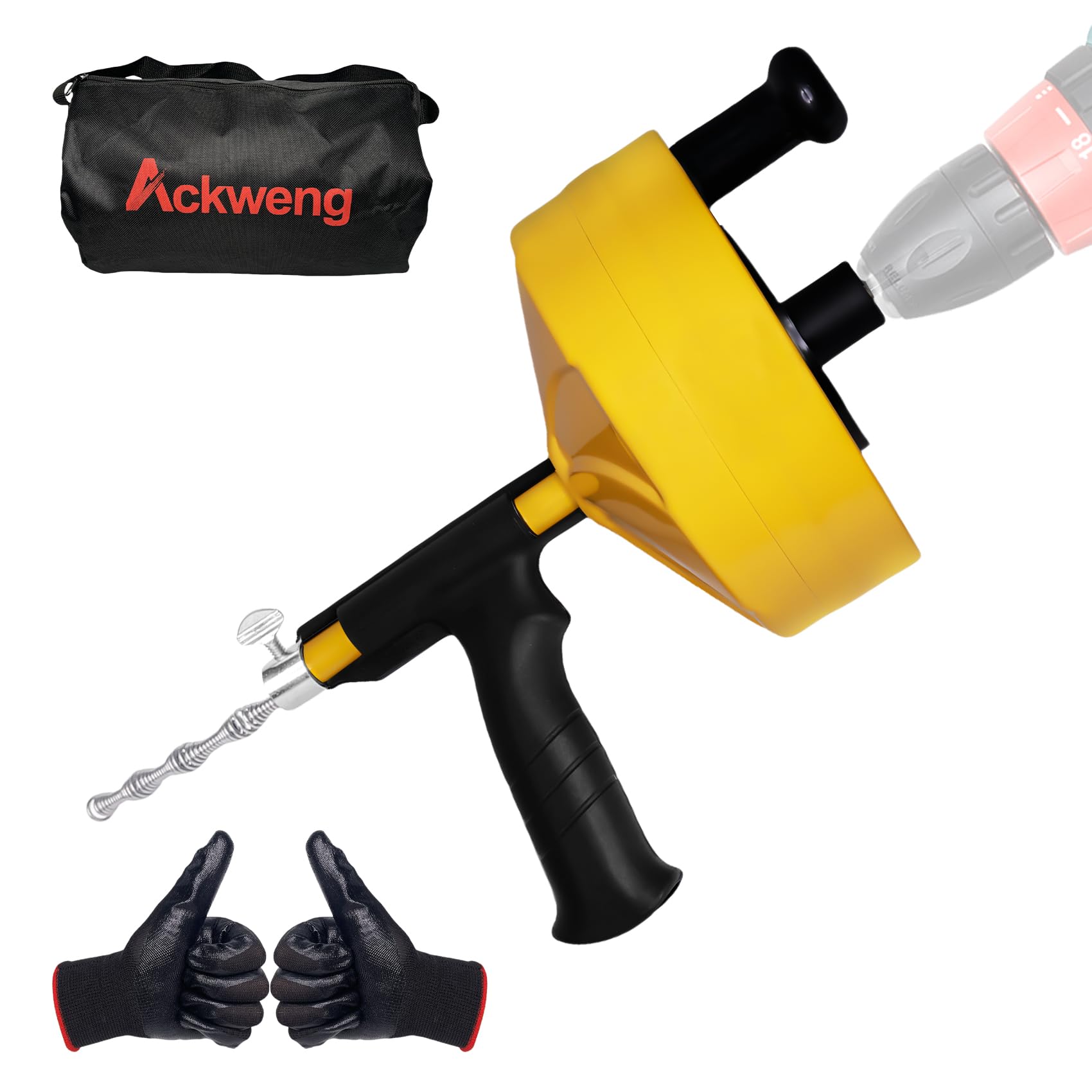 50 Ft Drain Snake Clog Remover - Heavy Duty Plumbing Snake for Sink & Shower Drain with Drill Attachment - Manual or Power Use - Includes Gloves & Storage Bag (1/4 Inch, Yellow) - Perfect for Kitchen Sink, Bathroom Drain & Tub Clog Removal