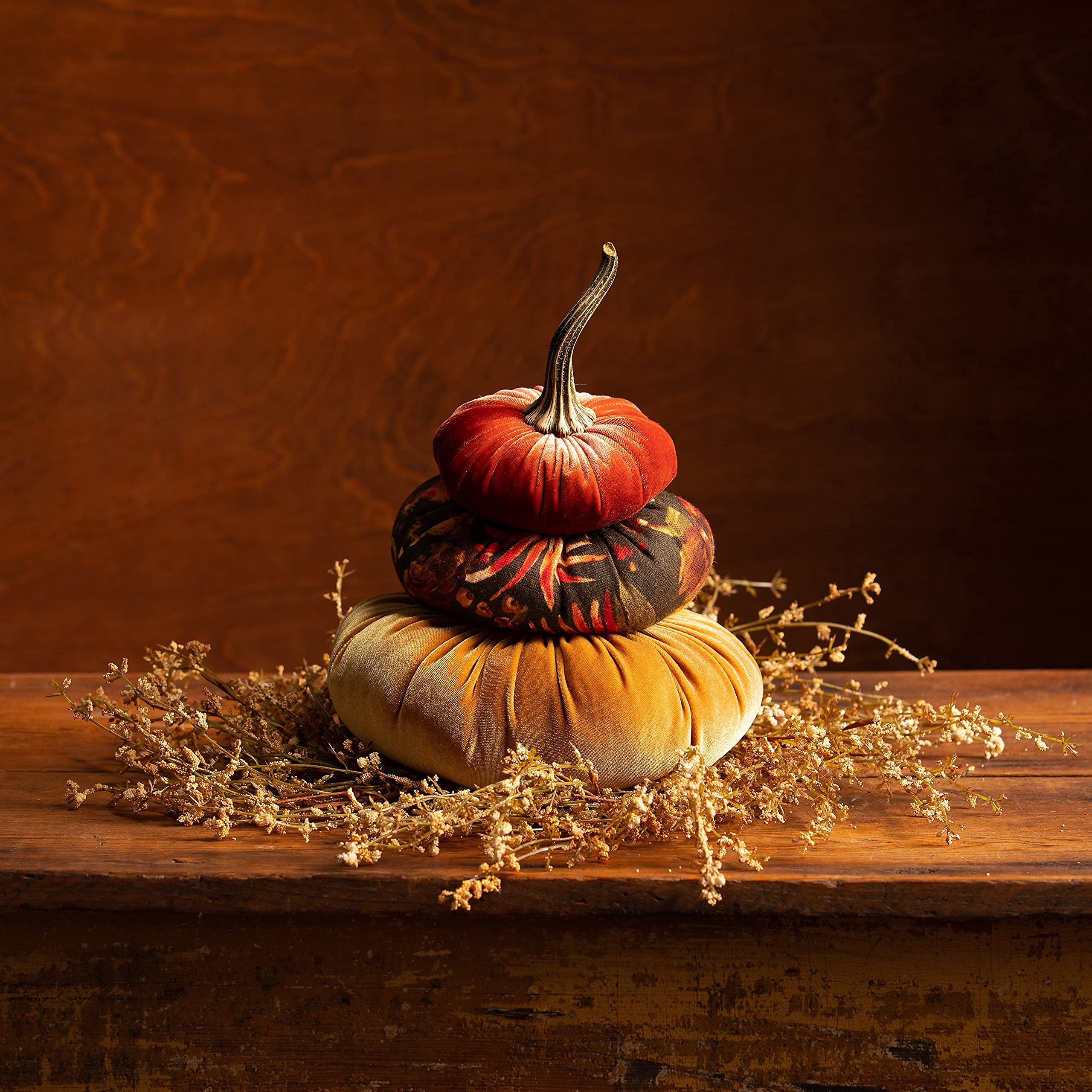 Stacked Velvet Pumpkins for Home Decor - Rustic Fall Table Centerpiece, Seasonal Mantle Display & Wedding Decor (Rust, Floral, Gold) | Perfect for Autumn Tablescapes, Thanksgiving Decor & Cozy Farmhouse Styling