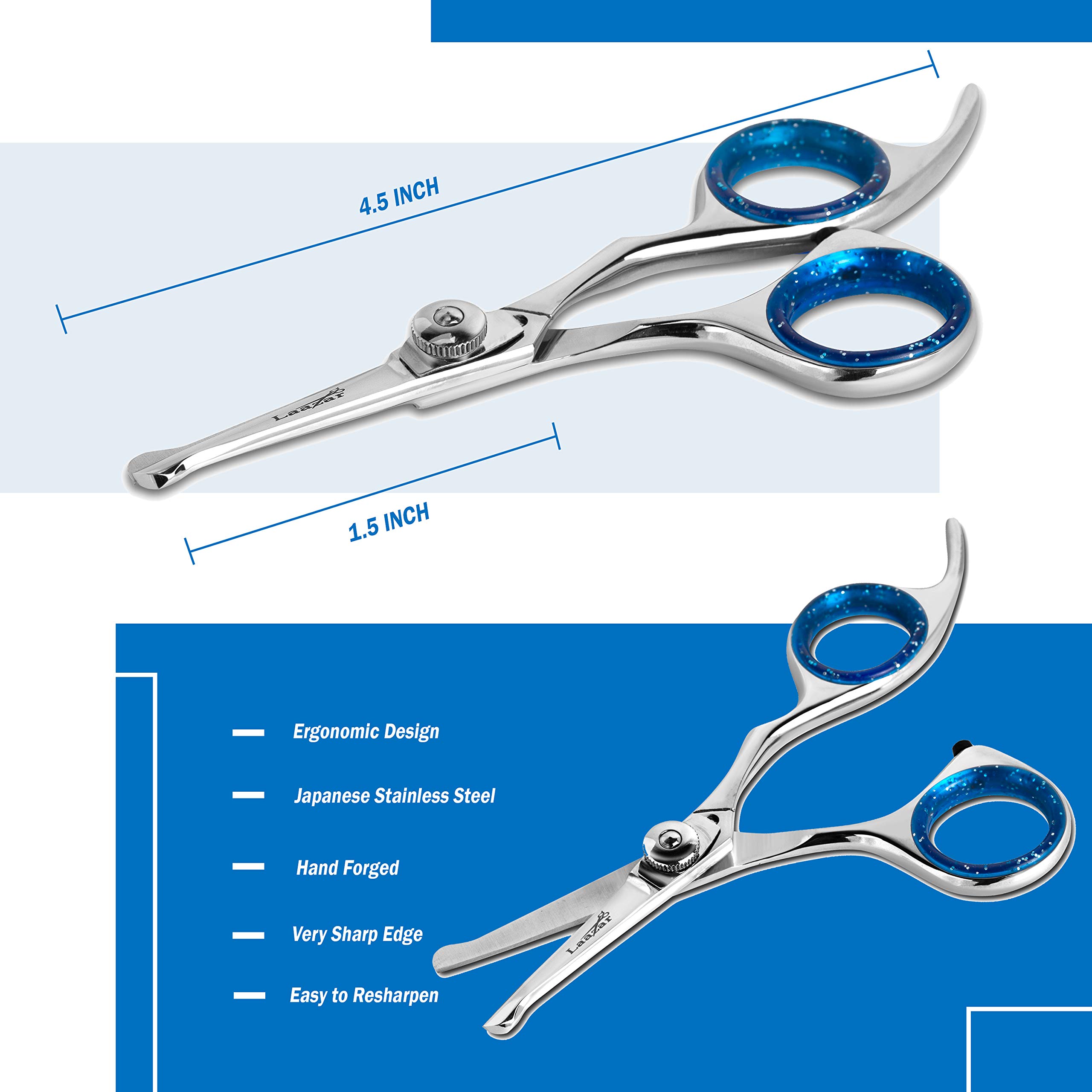 Laazar Professional Dog Grooming Scissors - Stainless Steel Pet Trimming Shears for Dogs & Cats | Safe Blunt Tip Scissors for Eye Area & Sensitive Skin | Perfect for Home Grooming, Professional Salons & Pet Styling