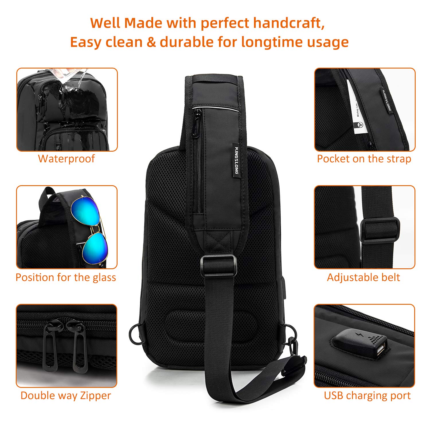 KINGSLONG 14-16 Inch Men's Sling Bag with USB Charging Port - Crossbody Shoulder Bag Fits 10.2 Inch iPad - Lightweight Casual Daypack for Travel, Work & Outdoor Activities