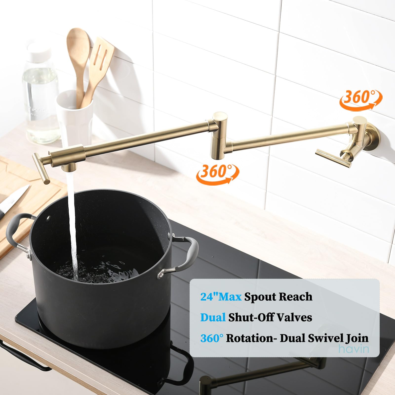 Premium Brushed Gold Wall-Mounted Commercial Pot Filler Faucet - Brass & Copper Construction with Stretchable Double Joint Swing Arms for Kitchen, Coffee Machine & Bar Use - Style A - Ideal for Professional Chefs & Home Cooking Enthusiasts