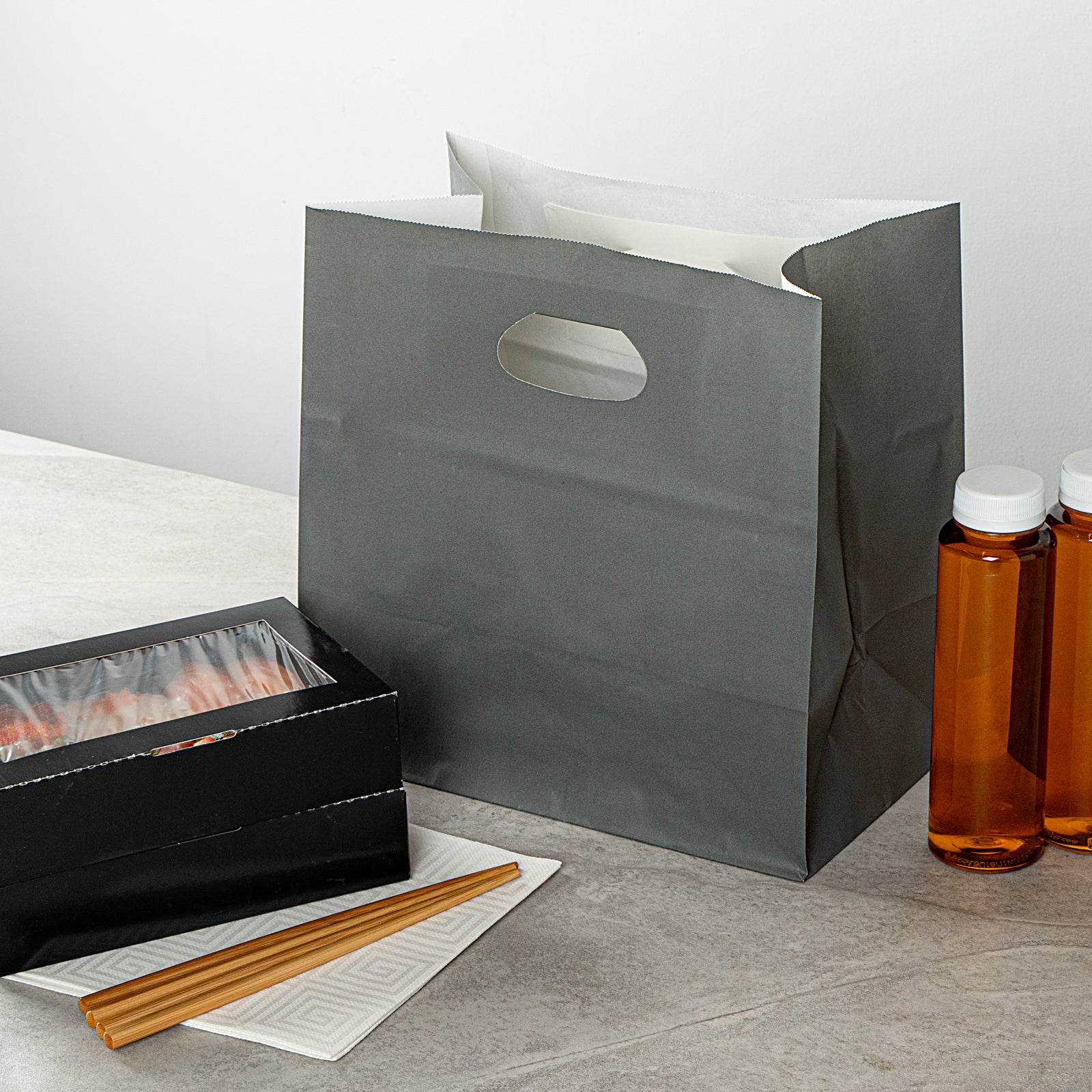 Eco-Friendly Gray Rectangle Paper Take Out Bags with Handles - 11x7x11 Inches (100 Count Bulk Pack) - Perfect for Restaurants, Cafes & Food Delivery Businesses
