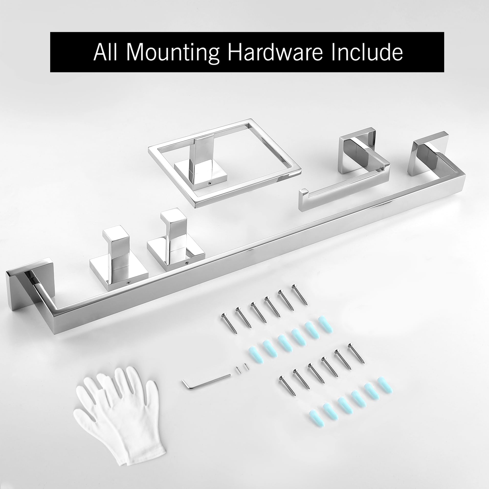 5-Piece Stainless Steel Bathroom Hardware Set - 304 Thickened Square Towel Rack, Chrome Polished Hand Towel Holder & 2 Robe Hooks for Modern Bathroom Decor - Perfect for Home, Hotel & Spa Use