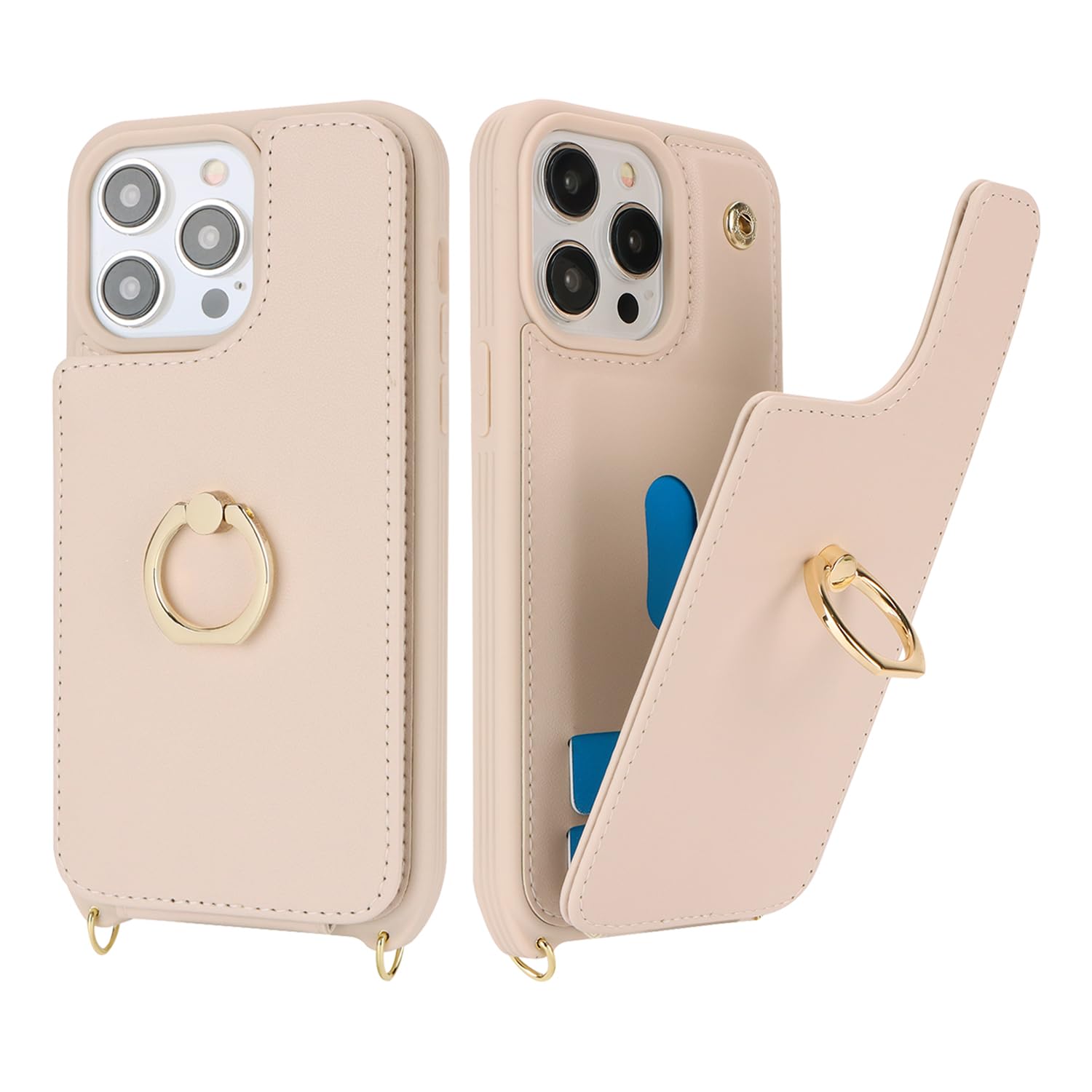 Premium iPhone 14 Pro Max Case with Card Holder & Wrist Strap - 6.7 Inch Protective Wallet Phone Cover with Crossbody Lanyard, Ring Stand & Snap Closure (Beige) | Perfect for Women's Everyday Use, Travel & Hands-Free Convenience