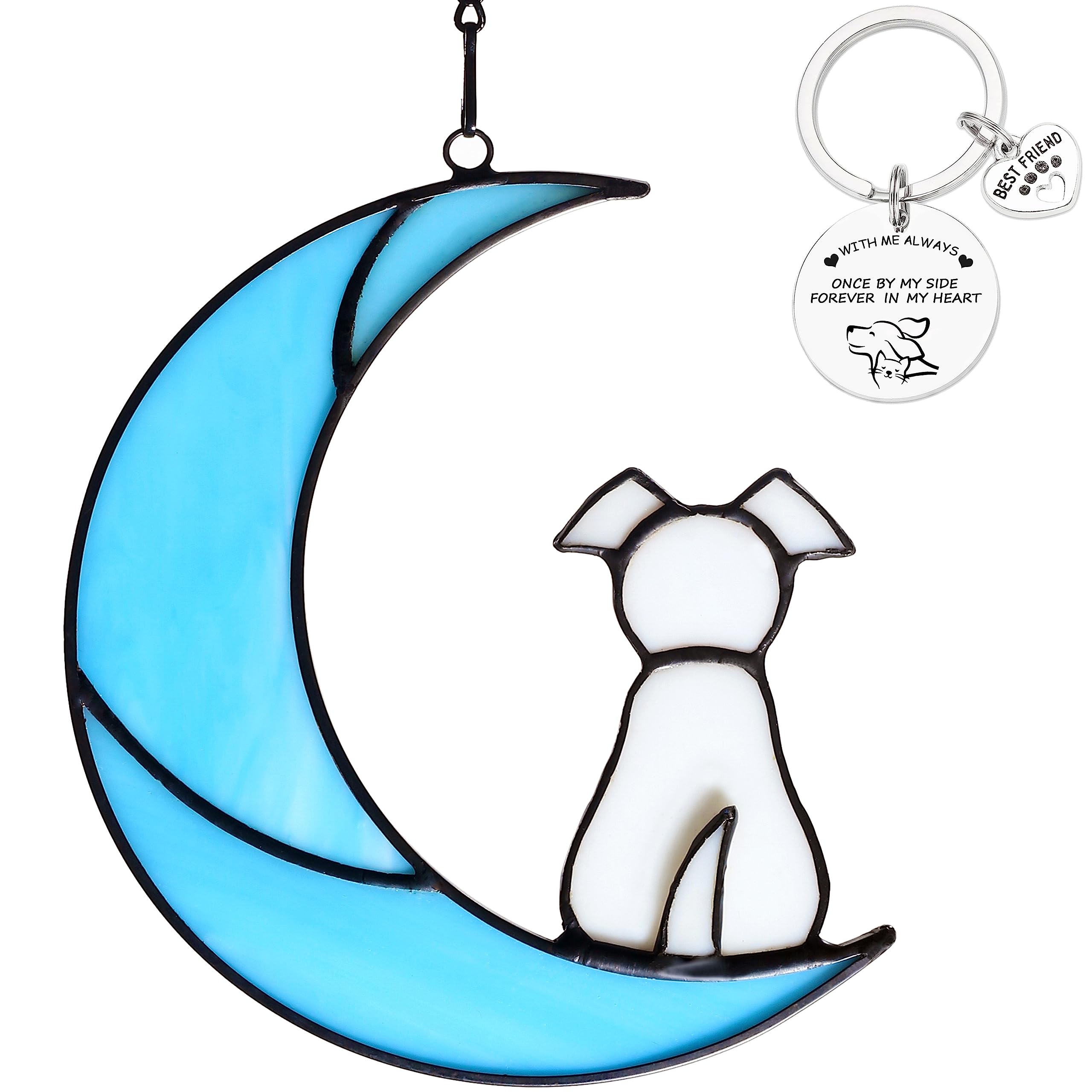 Stained Glass Dog on Moon Suncatcher - Handmade Window Hanging Decor for Pet Loss Memorial, Sympathy Gift for Dog Lovers, Unique Wall Art for Home & Office - Perfect for Healing After Pet Loss (White)