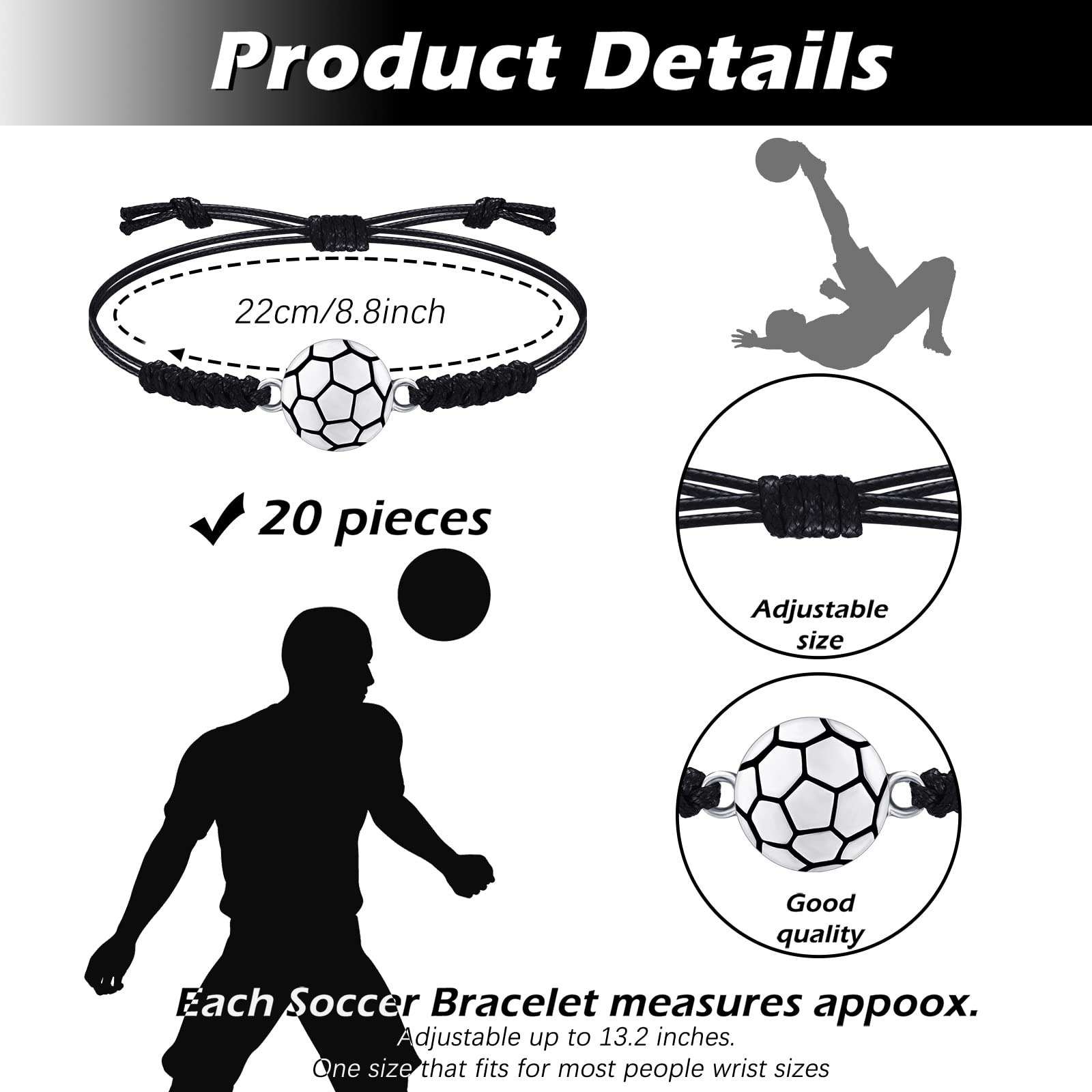 Jadive 20 Pack Soccer Charm Bracelets Bulk - Adjustable Braided Rope Bracelet for Women, Men, Players & Coaches - Perfect Soccer Team Gifts, Coach Appreciation Present & Player Souvenirs - Great for Games, Training & Fan Support
