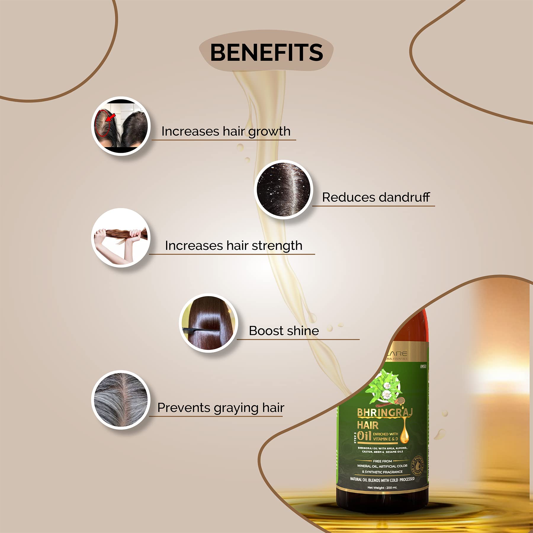 Bhringraj Hair Oil for Men & Women - Ayurvedic Formula with Amla, Castor, Neem & Sesame Oils | Vitamin E & D Enriched Natural Oil for Hair Growth | Anti-Dandruff & Hair Fall Solution | 100% Chemical Free | 200ml | Perfect for Daily Hair Care & Scalp Massage
