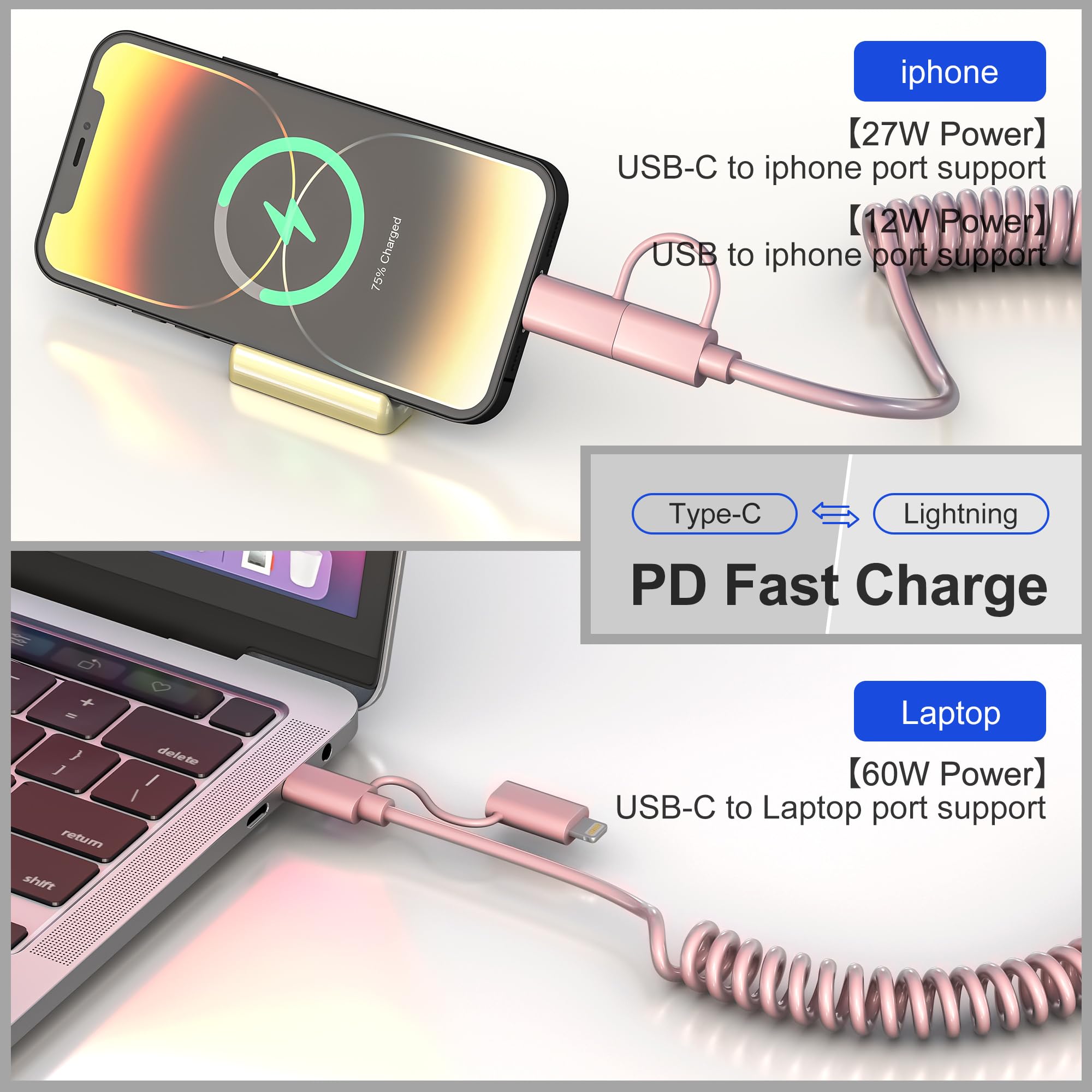 4-in-1 Coiled USB C to Lightning Cable - 60W PD Fast Charging & Data Sync - 6FT Multi Charging Cable for iPhone, iPad, Android - Compatible with Apple CarPlay & Android Auto - Includes USB/USB-C to USB-C/Lightning Connectors - Pink (Perfect for Car, Home & Office Charging)
