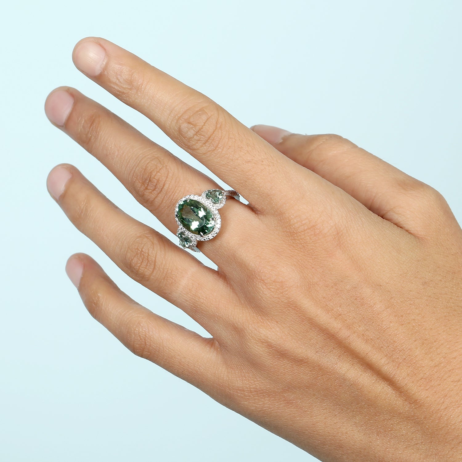 18K White Gold Faceted Green Tourmaline Pave Diamond Three Stone Ring - Perfect for Engagement, Anniversary & Special Occasion Gifts