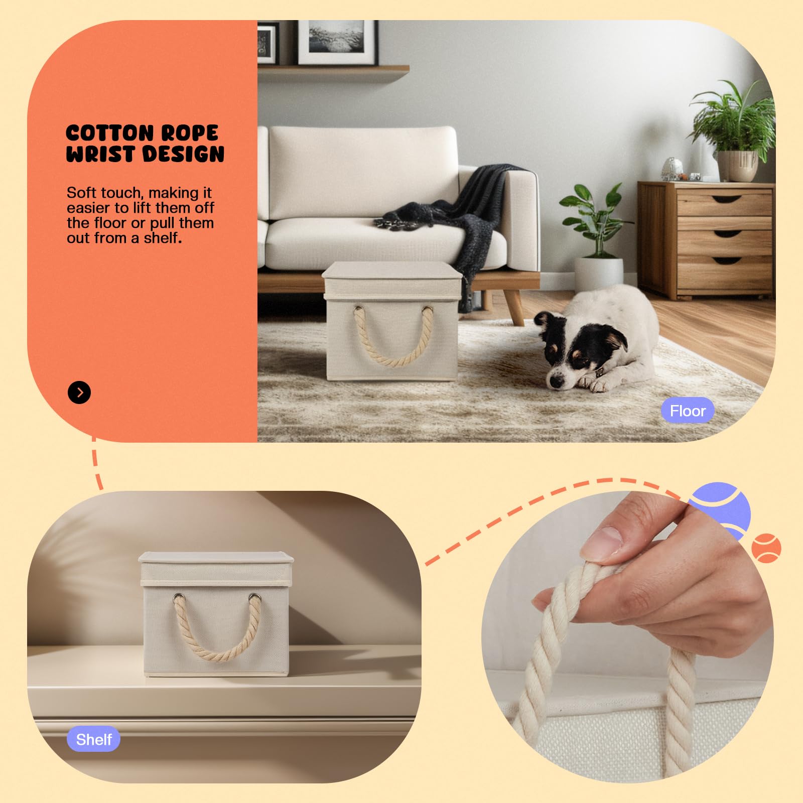 Durable Dog Toy Storage Basket with Lid & Cotton Rope Handles - Collapsible Pet Toy Organizer Box for Living Room, Bedroom or Nursery - Beige-Gray Dog Toy Bin for Easy Organization