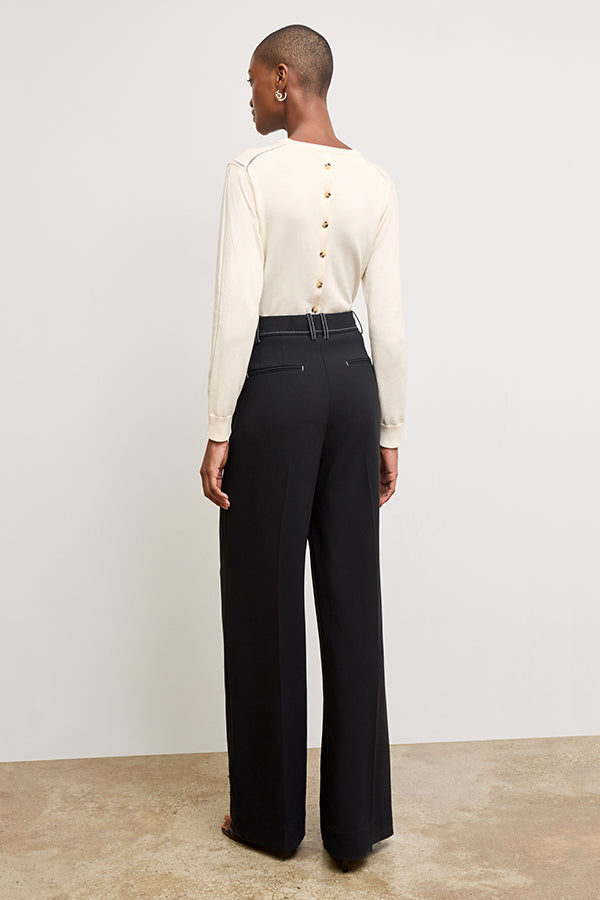 Bia Pleated Trousers for Women - High Waist Everyday Crepe Pants with Topstitch Detail - Comfortable Office Work Pants - Black - Perfect for Business Casual & Professional Wear