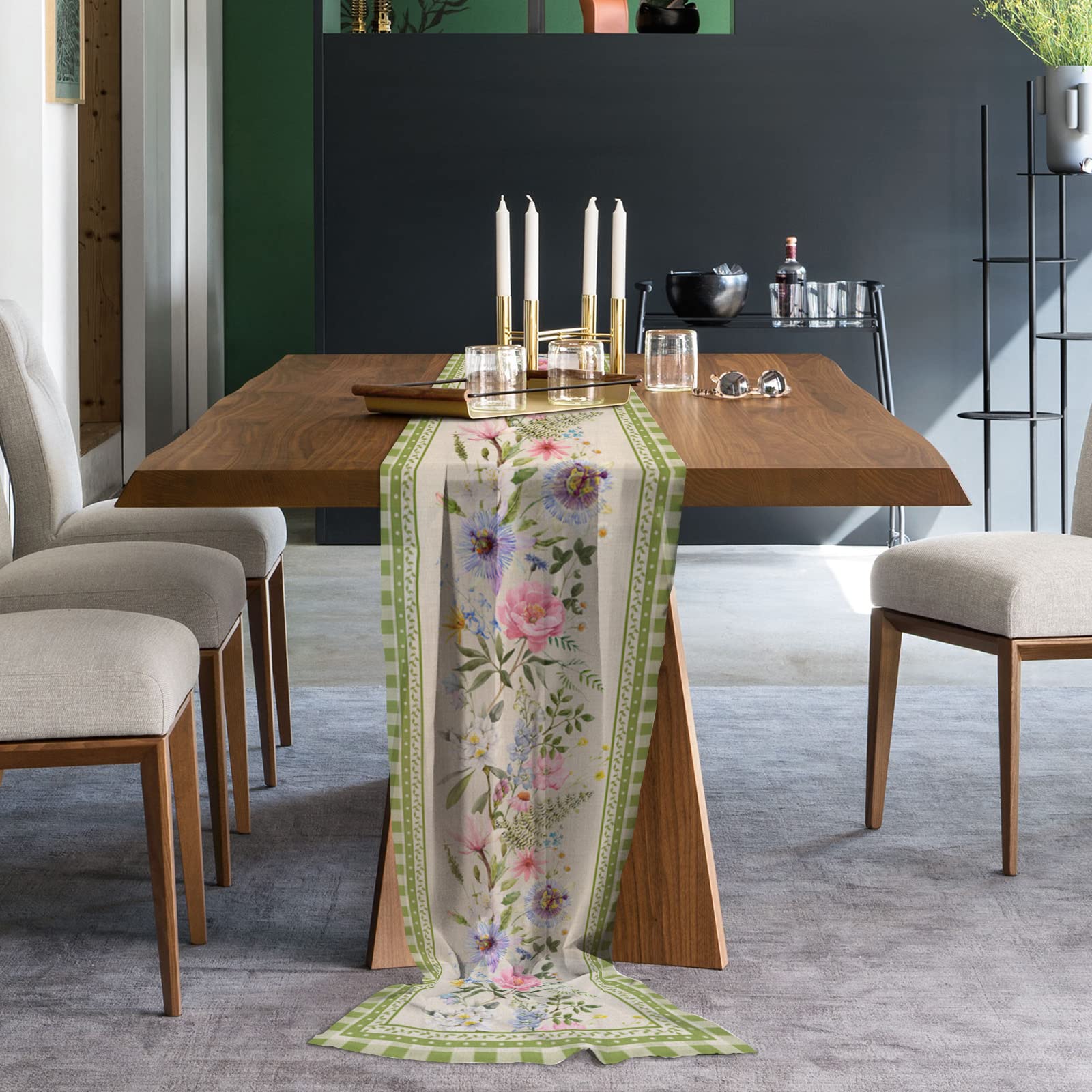 Sheer Chiffon Table Runner 27x120 Inch - Rustic Floral Buffalo Plaid Farmhouse Table Linens for Dining Room, Restaurant, Wedding Decor | Spring & Summer Home Decor, Party Table Setting, Buffet Dresser Scarf