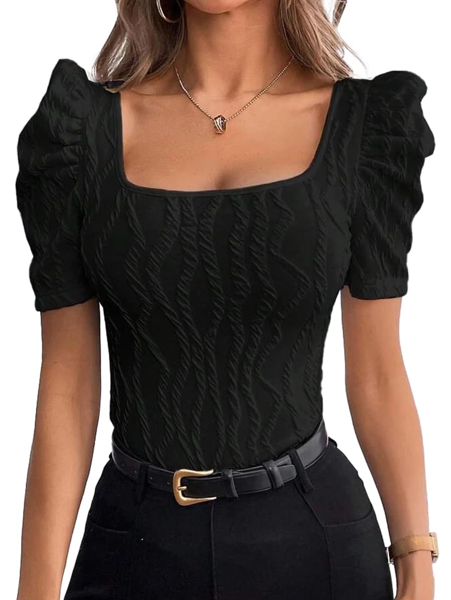 Narecte Women's Square Neck T-Shirt - Summer Casual Blouse with Puff Sleeves | Dressy & Comfortable Tee for Everyday Wear, Office, or Date Night