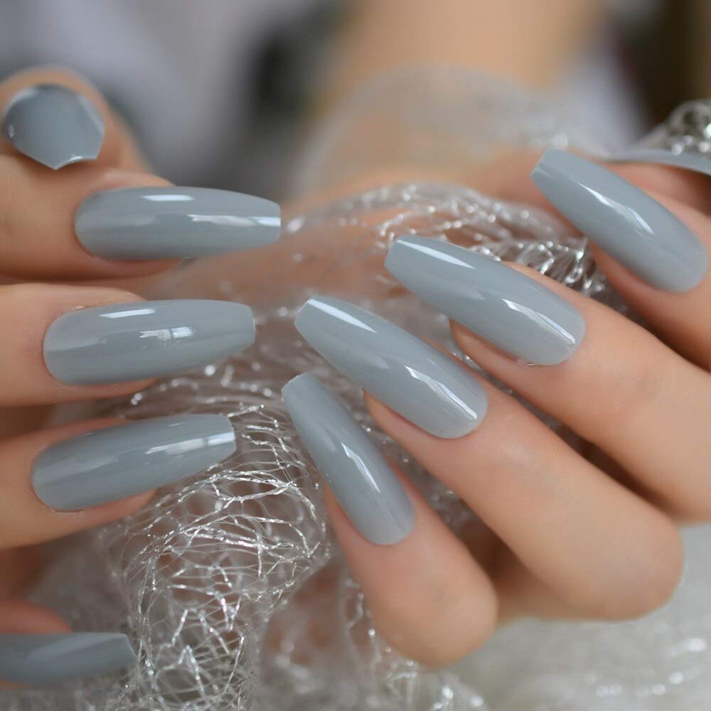 Extra Long Gray Ballerina Fake Nails - UV Acrylic False Nails with Extremely Long Light Grey Tips (24 Pack) - Perfect for Special Occasions, Parties, and Elegant Everyday Wear