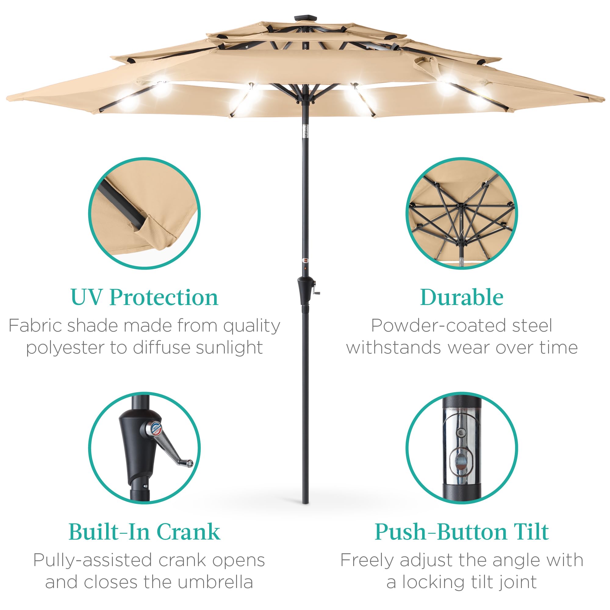 Best Choice Products 10ft 3-Tier Solar Patio Umbrella with 24 LED Lights - Adjustable Tilt & Easy Crank, 8-Rib Sun Shade for Backyard, Deck, Poolside - Perfect for Outdoor Dining, Lounging, and Summer Gatherings (Sand Color)