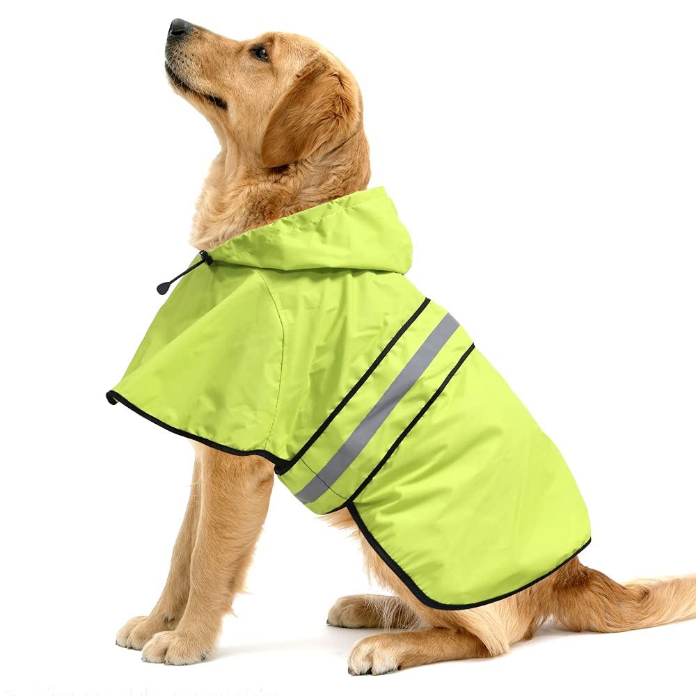 Waterproof Dog Raincoat - Adjustable Lightweight Hooded Rain Poncho for Small to X-Large Dogs & Puppies | Outdoor Walking, Hiking & Rainy Day Protection (Neon Green, Large)
