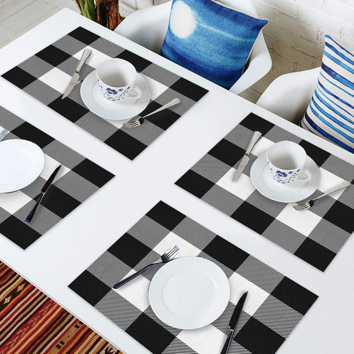 Geometric Placemats Set of 4 - Black White Plaid Linen Burlap Washable Table Mats for Dining & Kitchen - Protect Tables from Spills & Stains | Perfect for Everyday Meals, Dinner Parties & Holiday Gatherings
