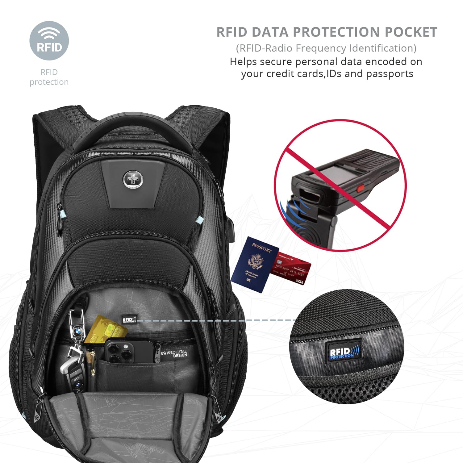 Swissdigital Men's Laptop Backpack for Business & College - Large Capacity Travel Backpack with USB Charging Port & Apple Find My Support - Perfect for Work Commute, Business Trips & Campus Use