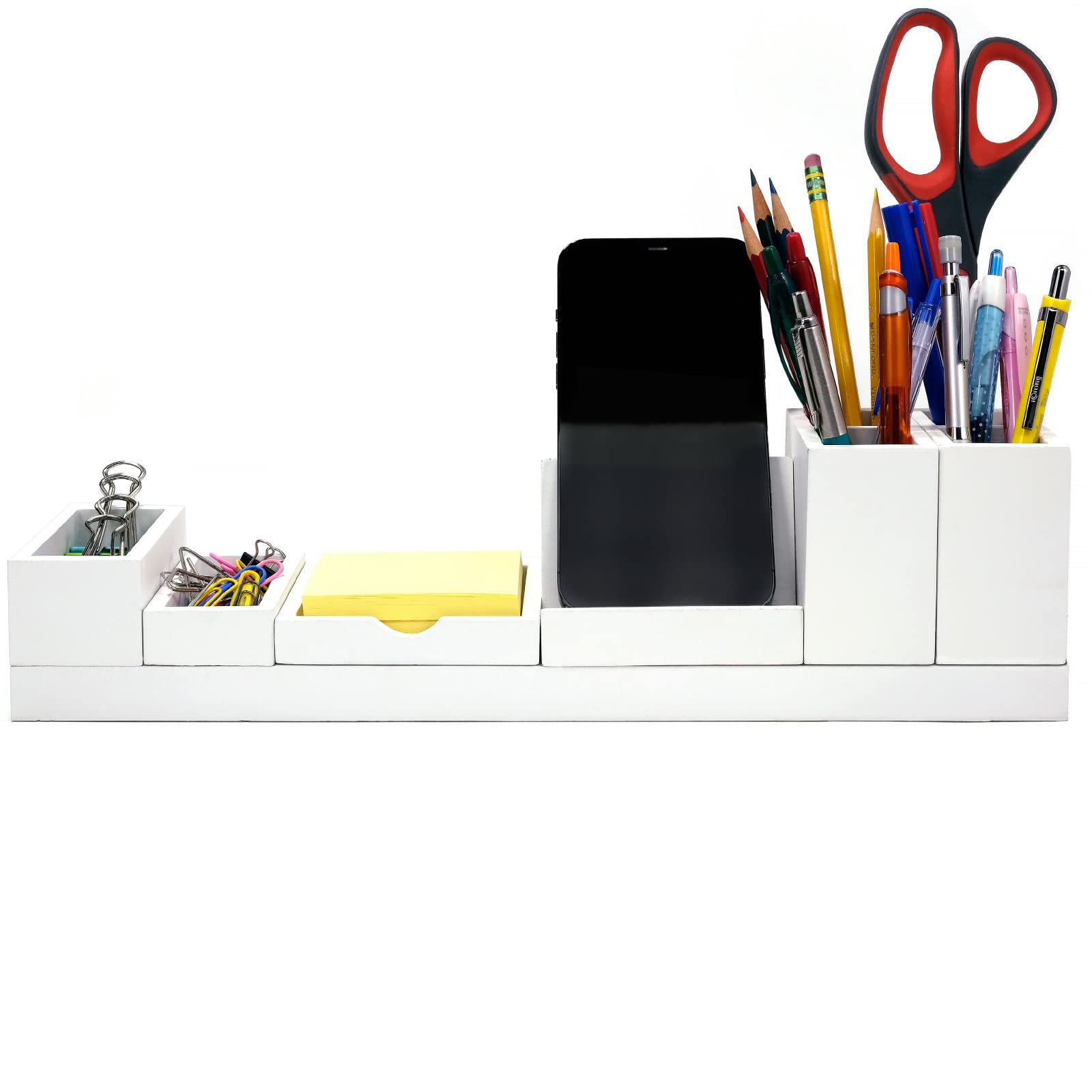 Magnetic Desk Organizer with 6 Removable Compartments - Perfect for Organizing Pens, Pencils, Post-It Notes, Paper Clips, Office Supplies & Smartphones | White | Ideal for Home Office, Study Desk & Workspace Organization
