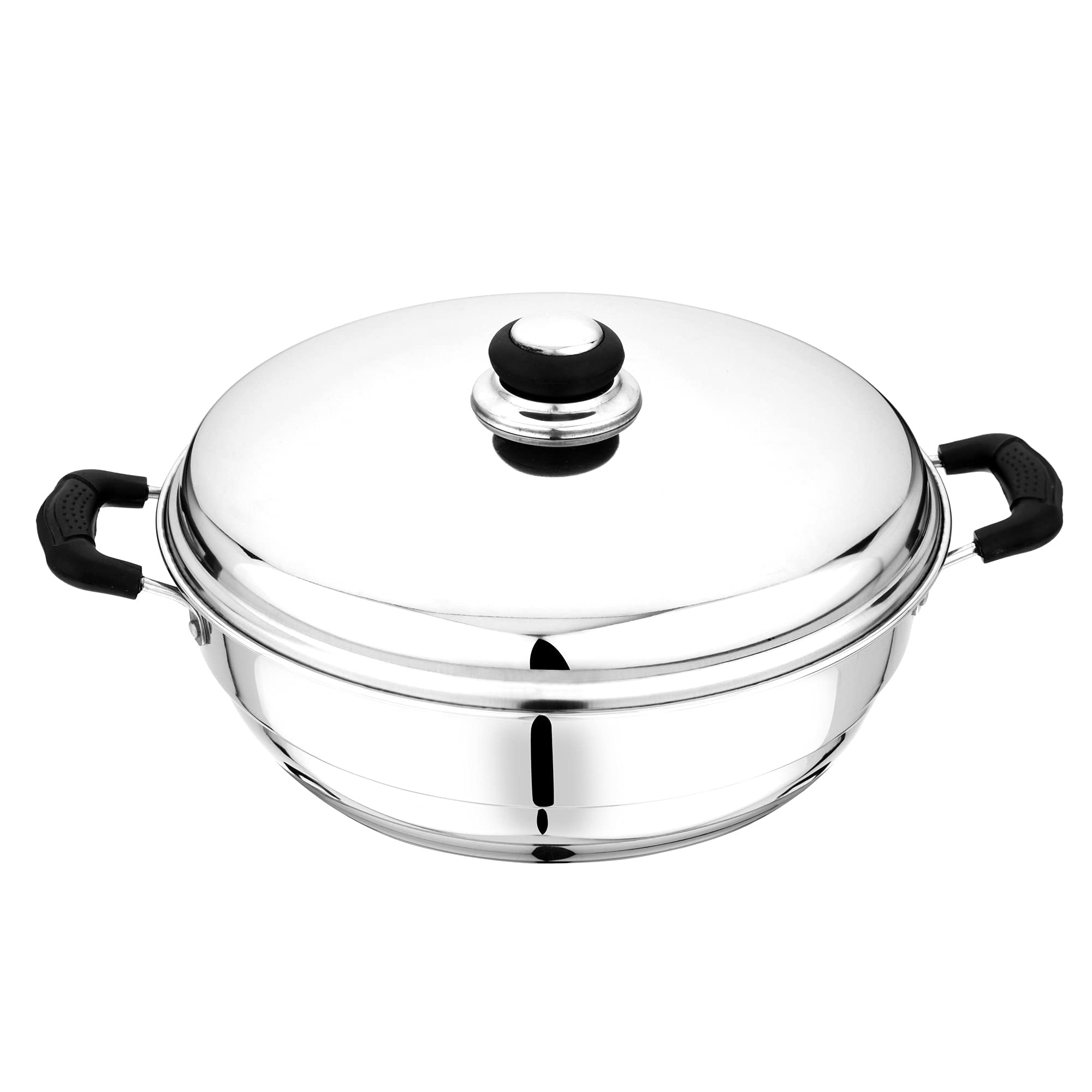 Premium Stainless Steel Tri-Ply Induction Compatible Kadai with Lid & 5 Stackable Plates (2 Idli, 2 Dhokla, 1 Patra) - 27cm/4.75L Multipurpose Indian Cookware for Steaming, Frying & Serving - Perfect for Home Kitchens & Indian Cooking