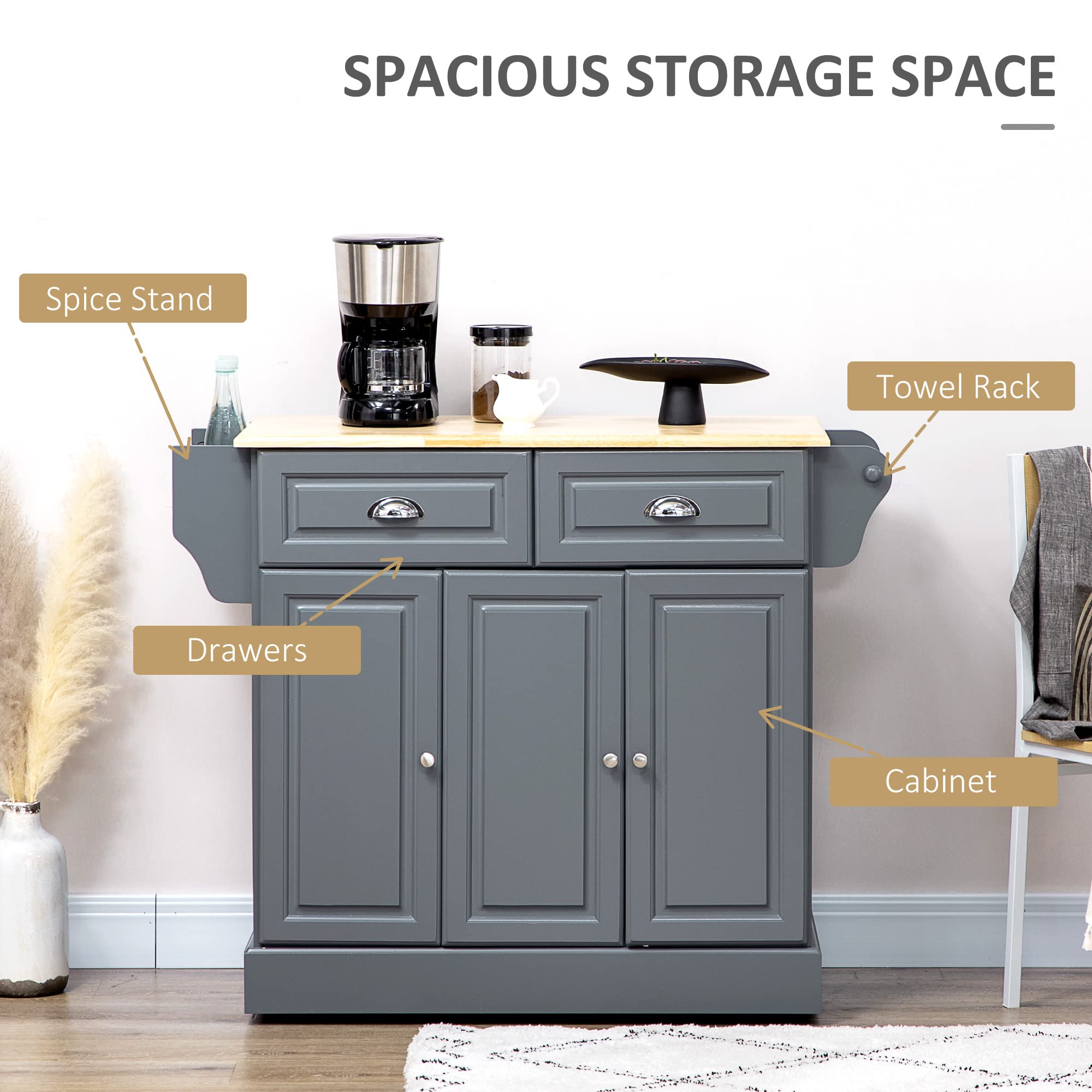HOMCOM 3-Tier Rolling Kitchen Island with Drawers, Wood Countertop & Spice Rack - Mobile Storage Cabinet for Small Spaces, Dark Gray - Perfect for Apartments, Dorms & Compact Kitchens