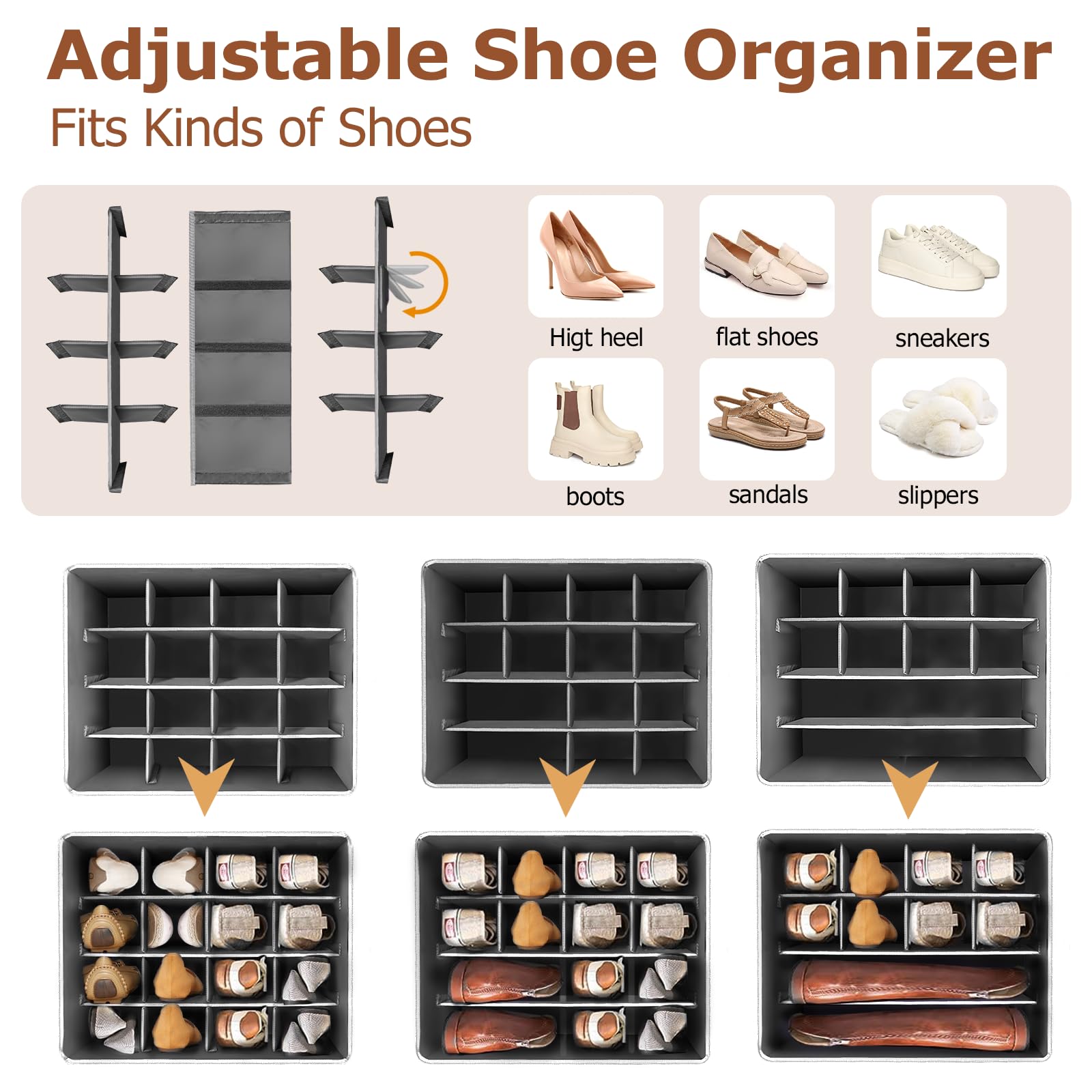 Adjustable Mesh Storage Bins for Closet Organizer - 16-Pair Shoe Organizer with Clear Window, Dark Grey Wardrobe Clothes & Shoe Storage Solution - Perfect for Bedroom, Closet, and Entryway Organization