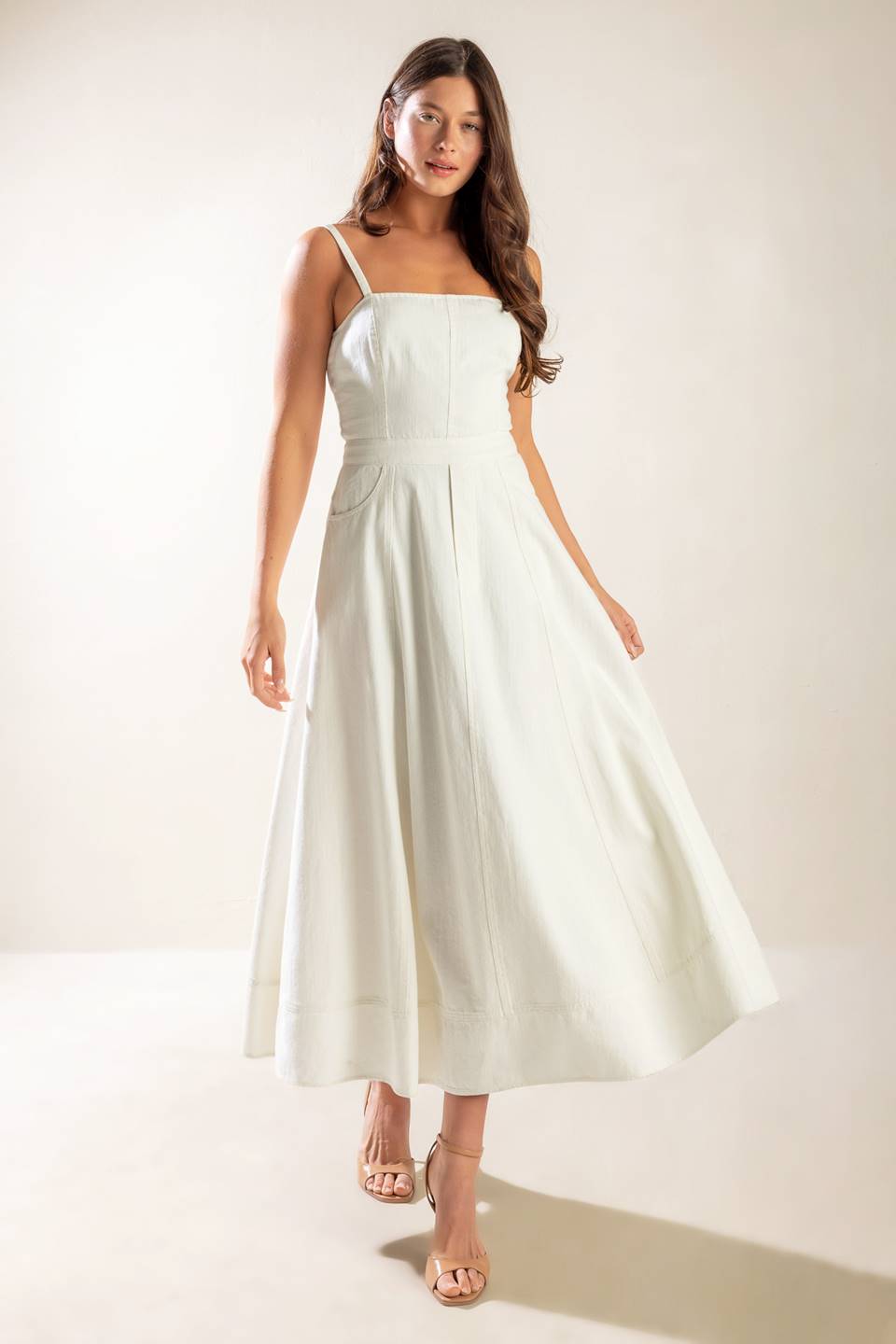 LET'S GO FOR A WALK White Lace Up Back Midi Dress - Perfect for Brunch, Date Night & Summer Weddings
