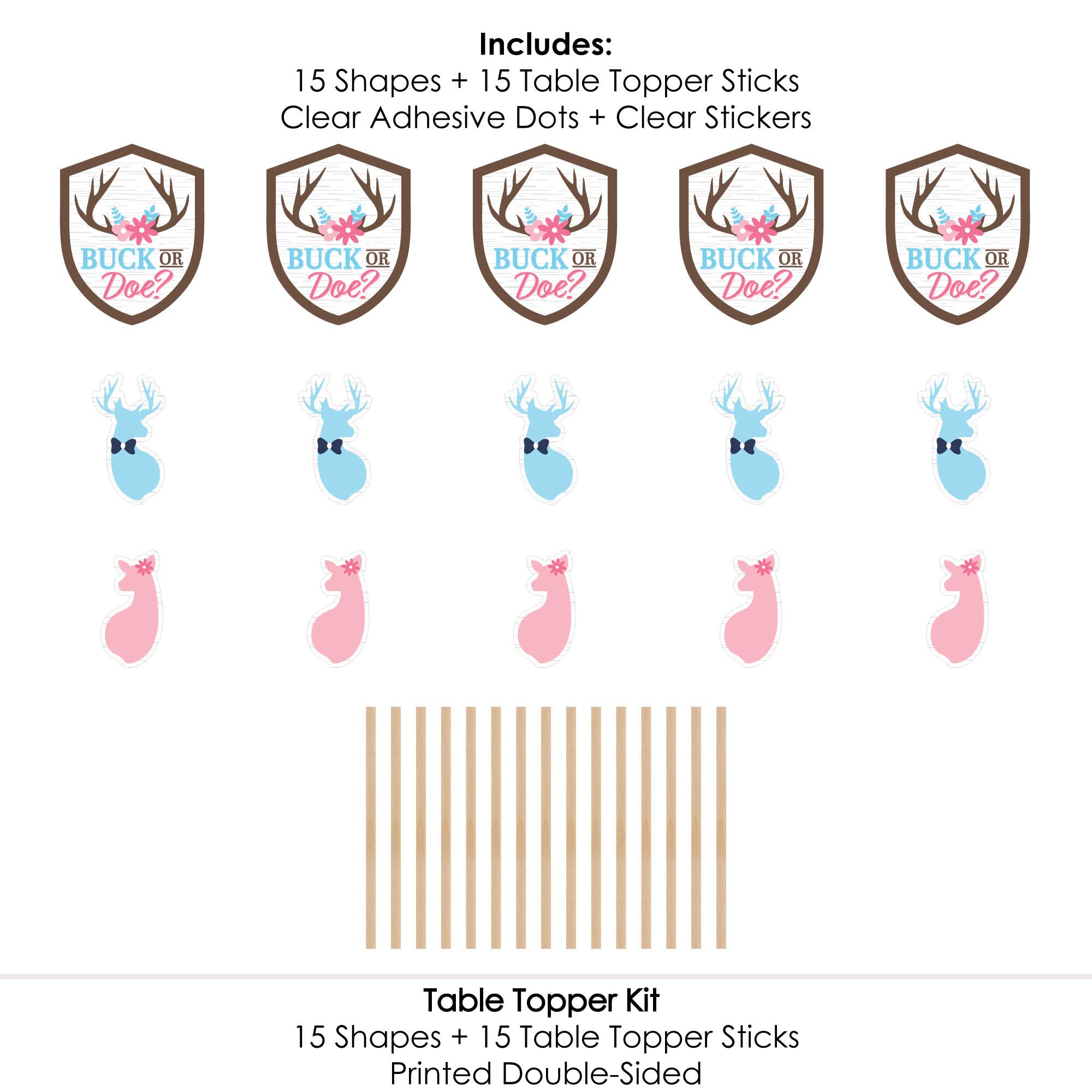 Buck or Doe Hunting Gender Reveal Party Decorations - Set of 15 Table Centerpiece Sticks for Baby Shower & Outdoor Themed Celebrations