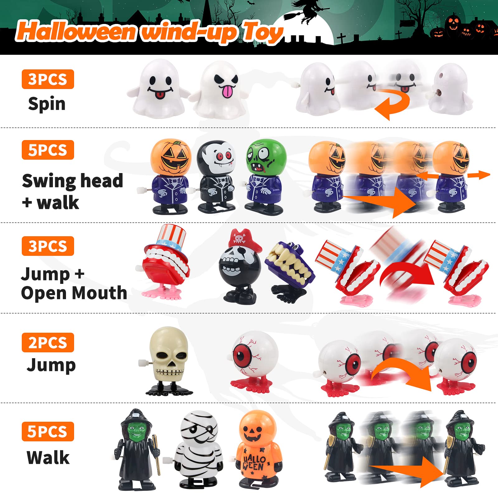 18 Pcs Halloween Wind Up Toys for Kids - Fun Clockwork Jumping & Walking Toys, Educational Party Favors for Toddlers, Boys & Girls | Perfect for Halloween Parties, Goody Bags & Classroom Rewards