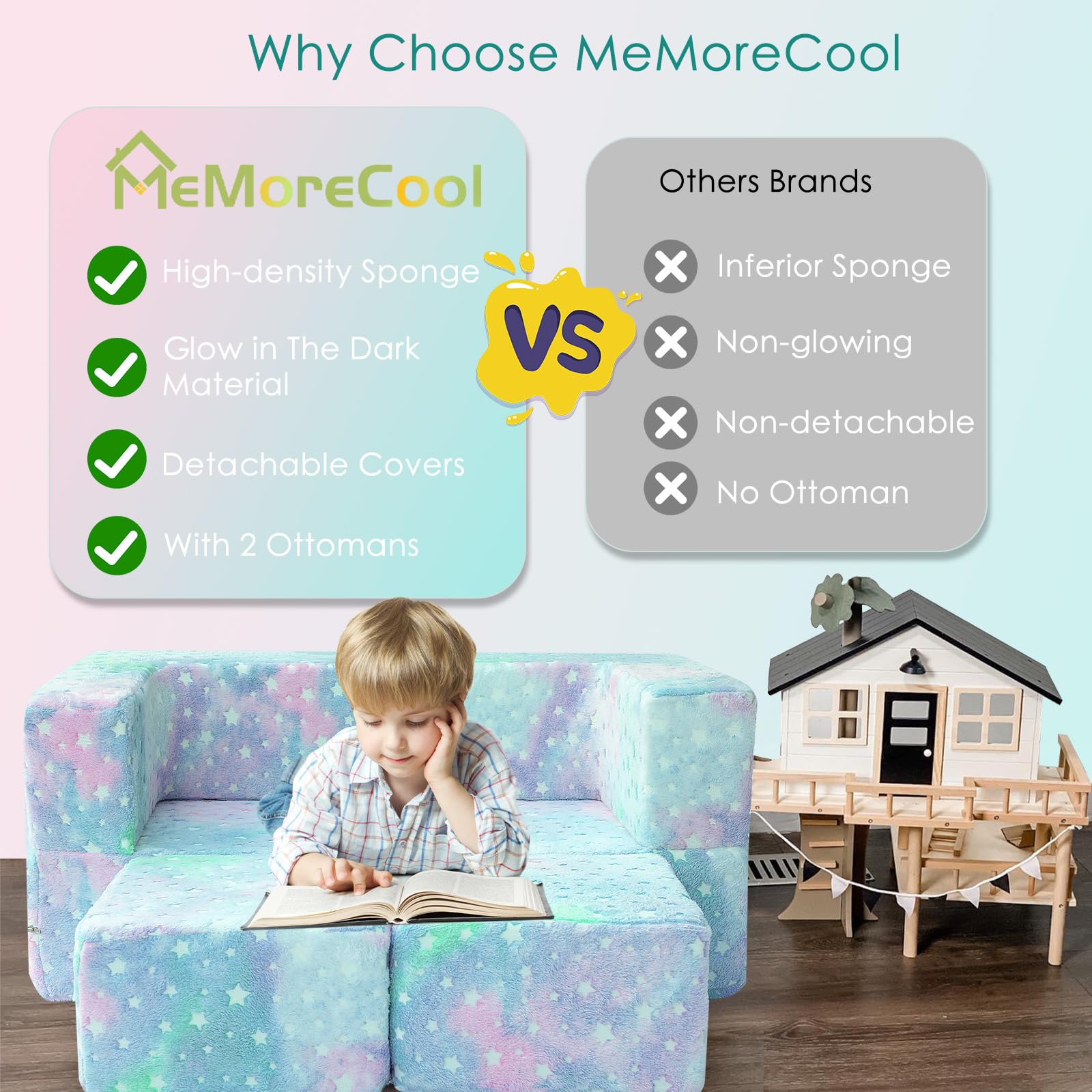 MeMoreCool Kids Play Couch - Glow in The Dark Stars Toddler Sofa | Foldable Modular Furniture for Playroom & Bedroom | Perfect for Playtime, Nap Time & Sensory Play