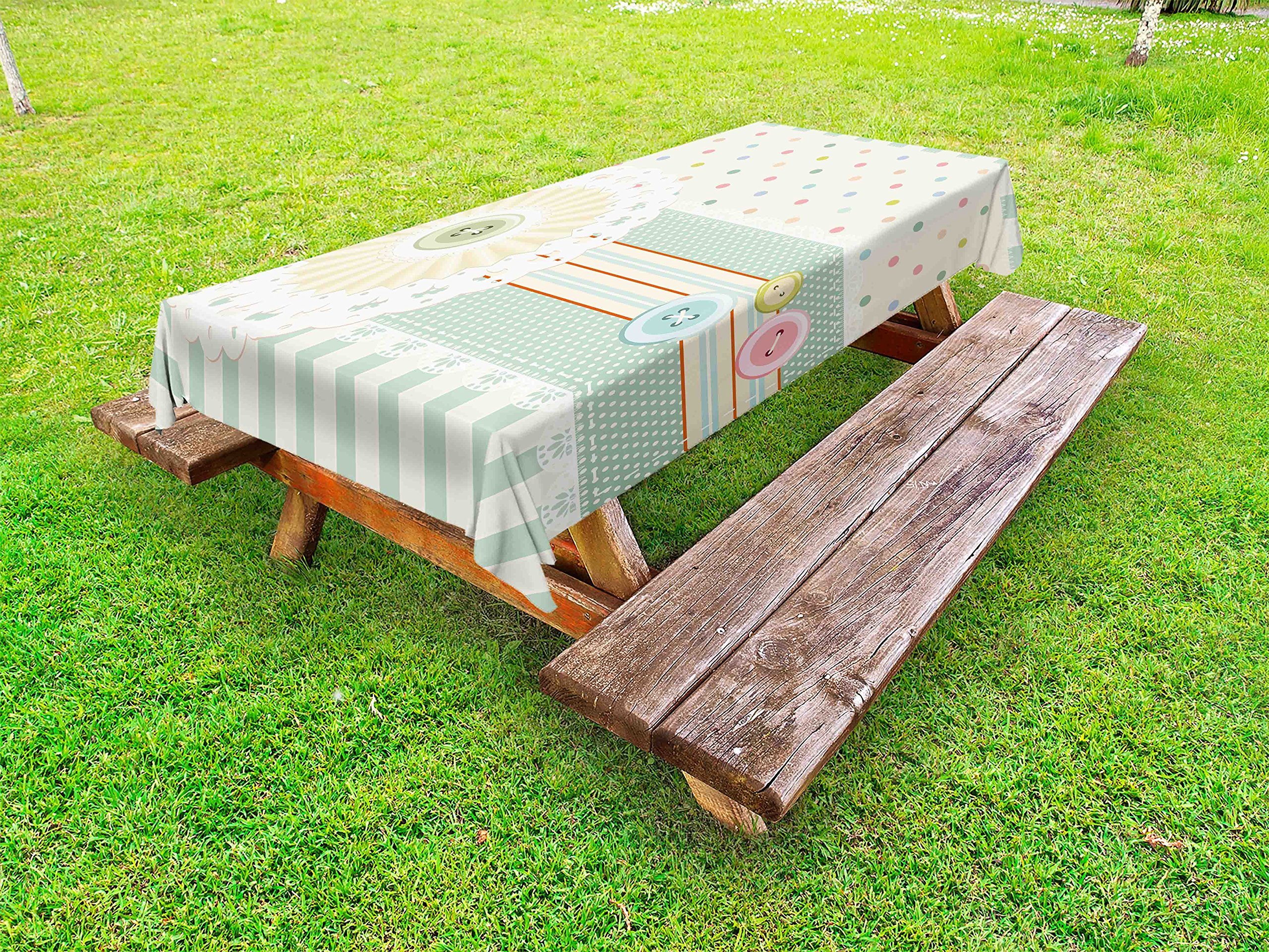 Ambesonne Shabby Floral Outdoor Tablecloth - Sewing Theme Border with Button Floral Patch & Traditional Lace Dots Print | Washable Picnic Table Cover 58x104 Inches Multicolor | Perfect for Garden Parties, Outdoor Dining & Picnics