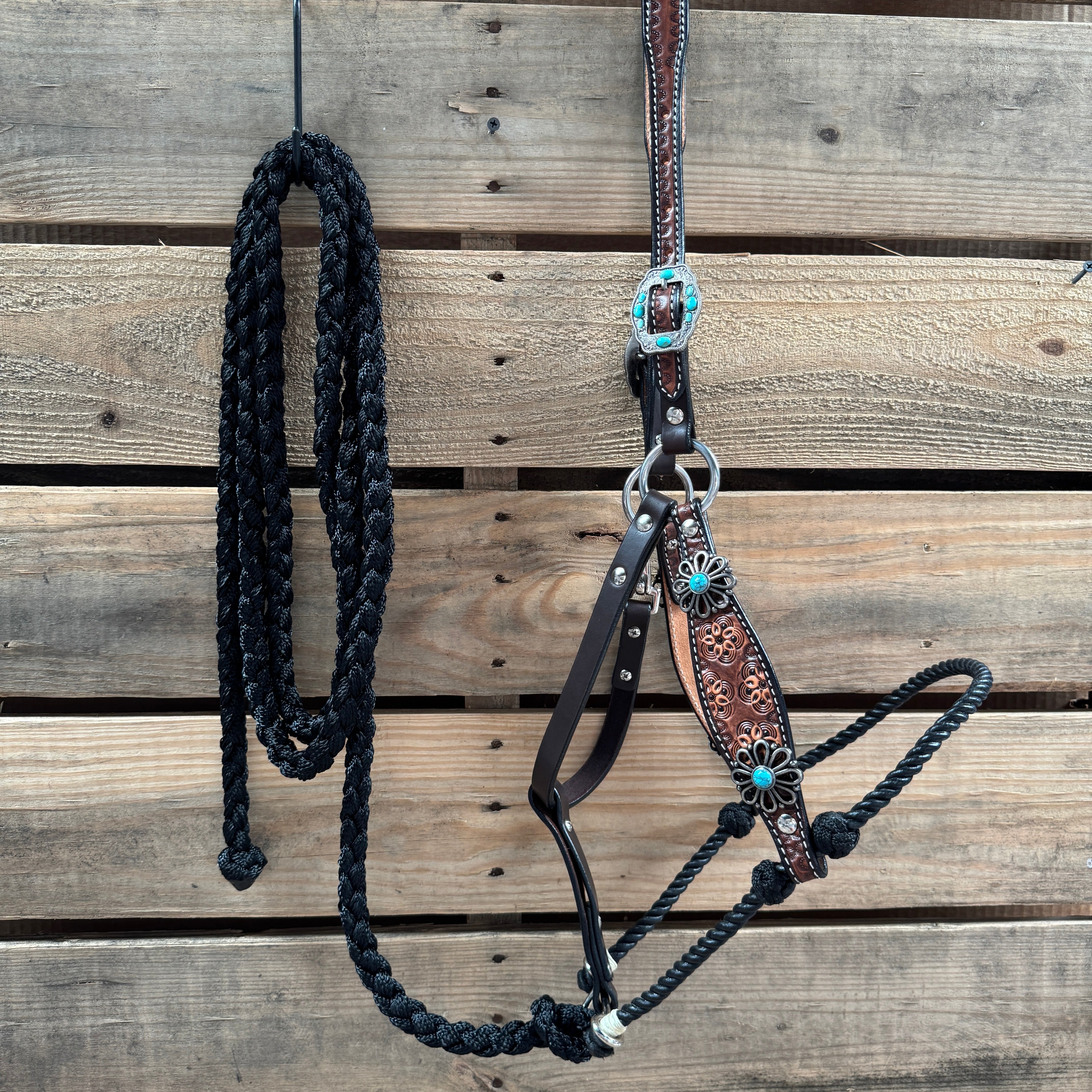 Floral Tooled Leather Lariat & Halter Set #LH119 - Perfect for Equestrian Riding, Horse Training, and Western Show Events