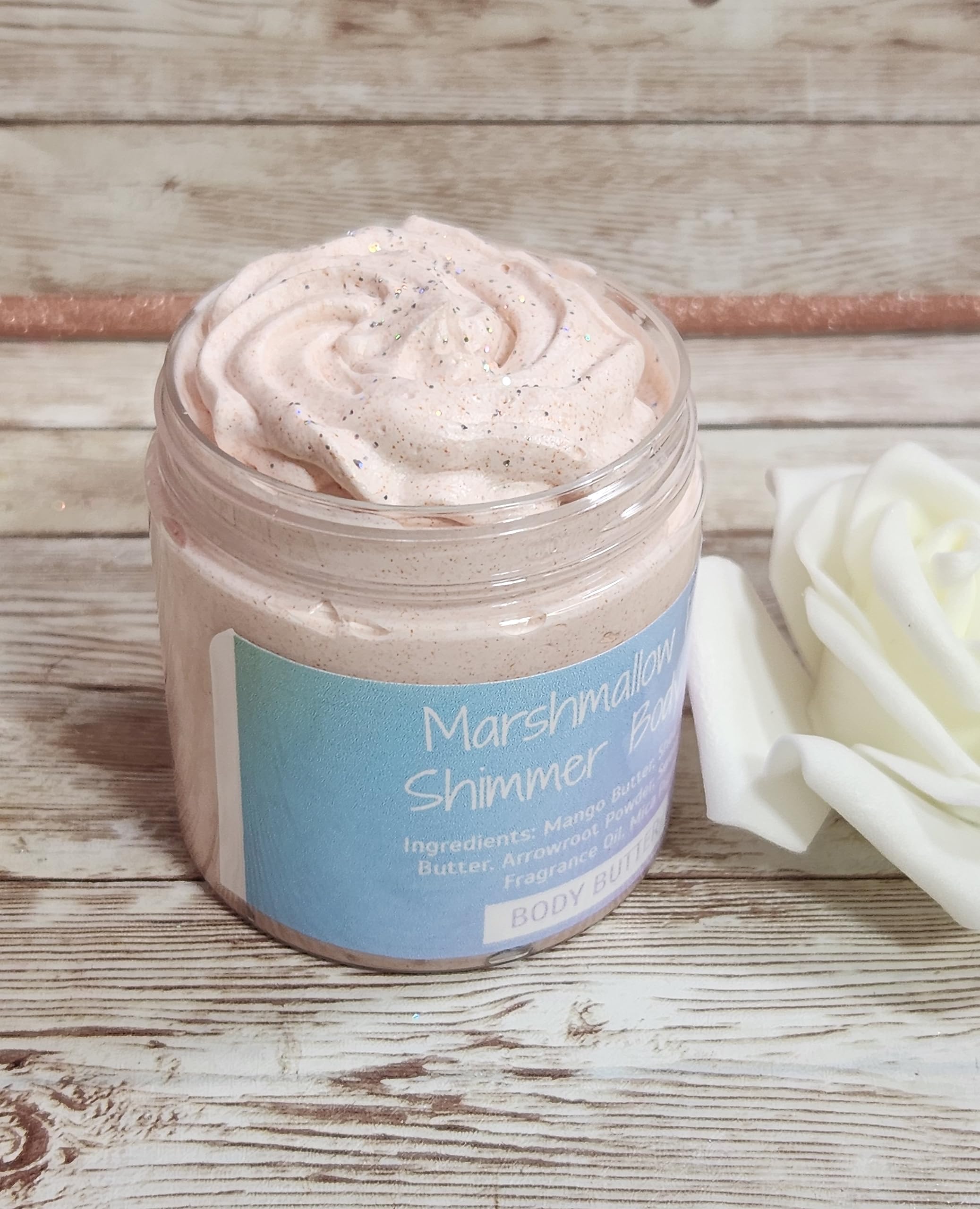 Marshmallow Fireside Shimmer Body Butter - Handmade Shea, Cocoa & Mango Butter Luxury Body Cream | All Natural Moisturizer with Sugar Pearls for Soft, Glowing Skin | Perfect for Winter Skincare & Gift Giving
