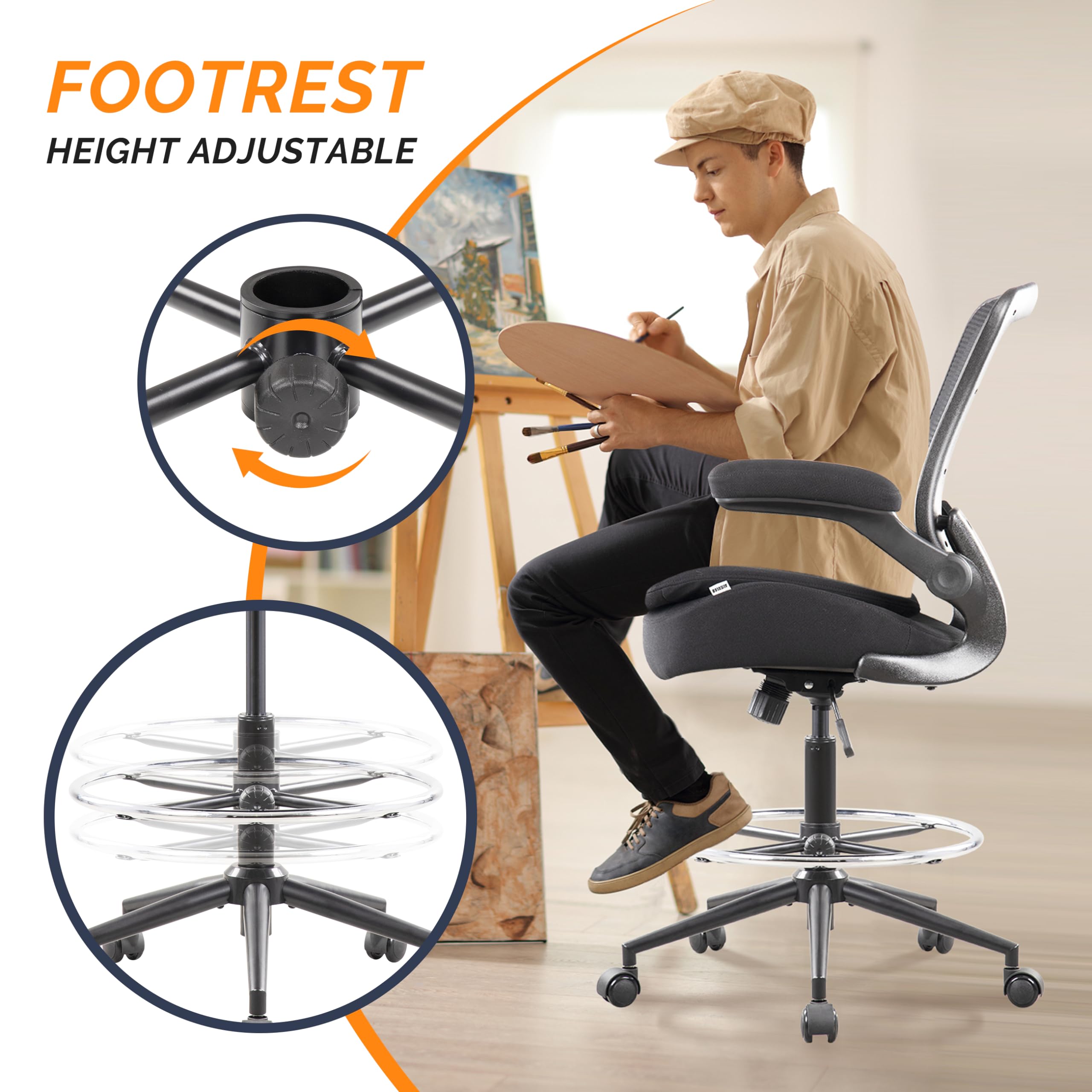Ergonomic Drafting Chair with Flip-Up Armrests & Adjustable Height - Tall Office Chair for Standing Desks, Big Foot-Ring & Double Cushion Seat (Black) - Perfect for Architects, Artists & Home Office Workspaces