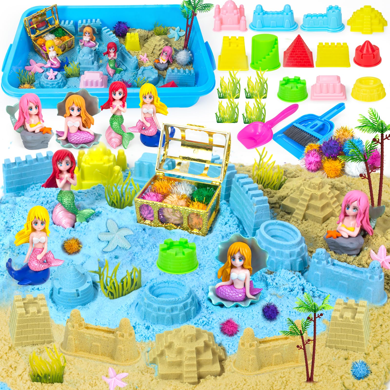 Mermaid Sensory Bin Sandbox Toys for Toddlers & Kids - 2.2 lbs Play Sand Kit with Castle Mold, Mermaid Toys for Girls - Perfect Christmas Birthday Gift for Toddler Girls (Great for Sensory Play, Beach Themed Parties & Preschool Learning Activities)
