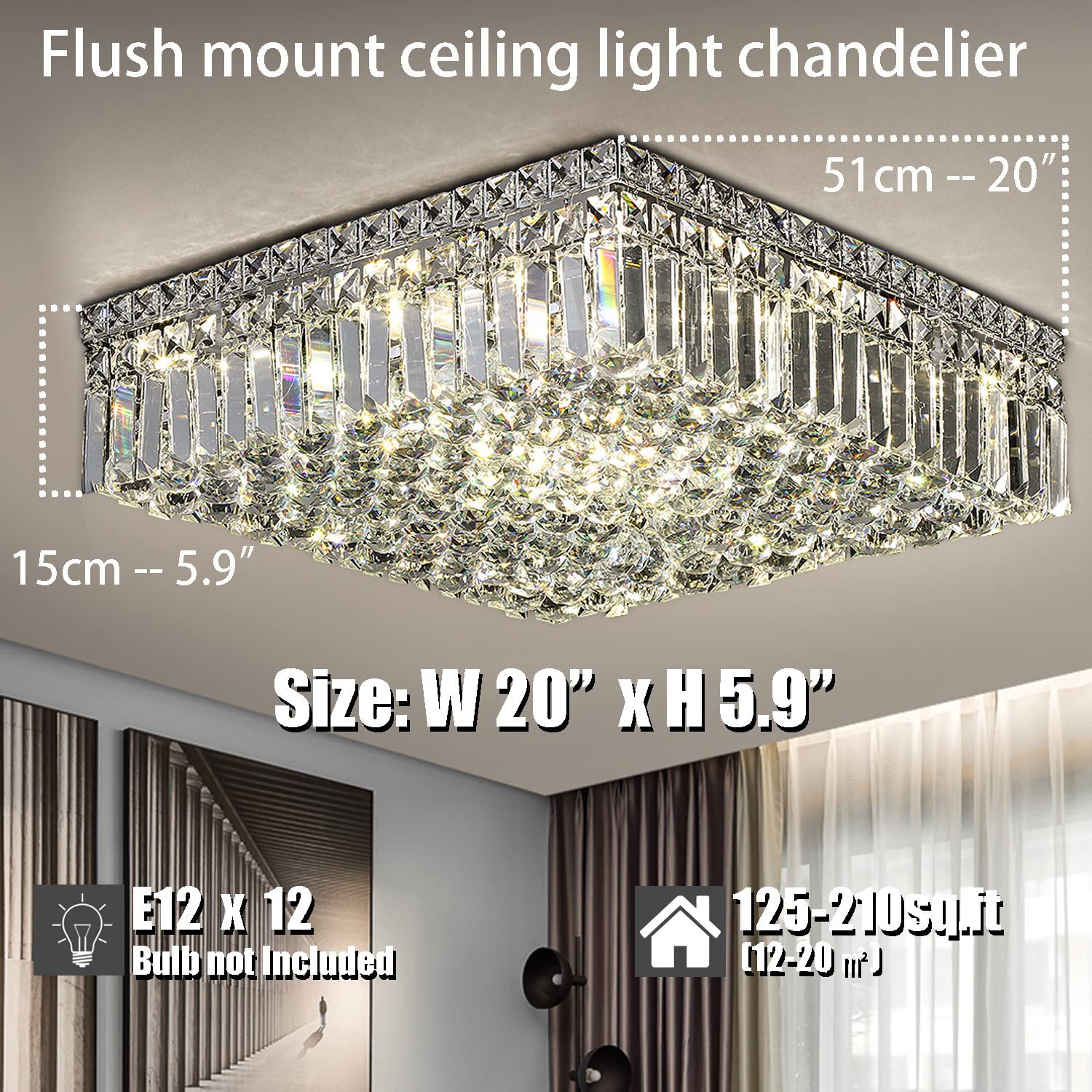 12-Lights Modern Flush Mount Ceiling Light Fixture - Elegant Crystal Chandelier for Bedroom, Living Room, Dining Room - Square LED Pendant Lamp (20