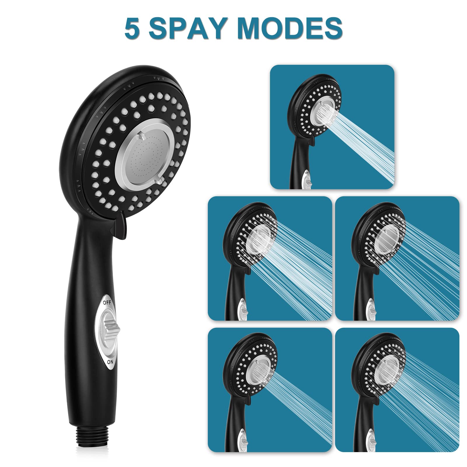 High Pressure Handheld Shower Head with On/Off Switch - Water Saving RV & Camper Shower Replacement with 60'' Hose & Bracket (Black) - Perfect for Tiny Homes, Boats & Outdoor Adventures