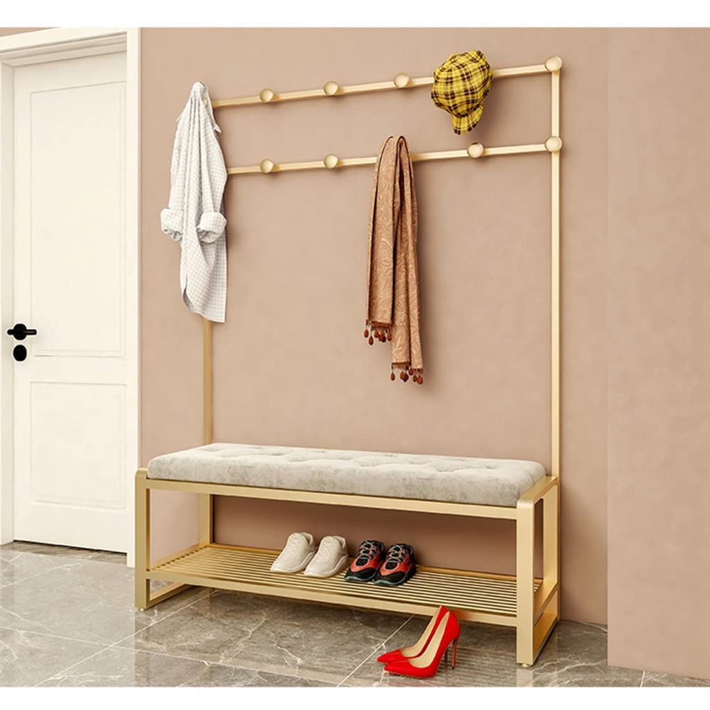 3-in-1 Hall Tree Coat Rack with Shoe Bench & Storage Shelf - Heavy Duty MDF Entryway Organizer with Metal Frame & Hooks - Gold Grey 100x47x160cm - Perfect for Hallway, Bedroom, Dorm & Small Space Organization