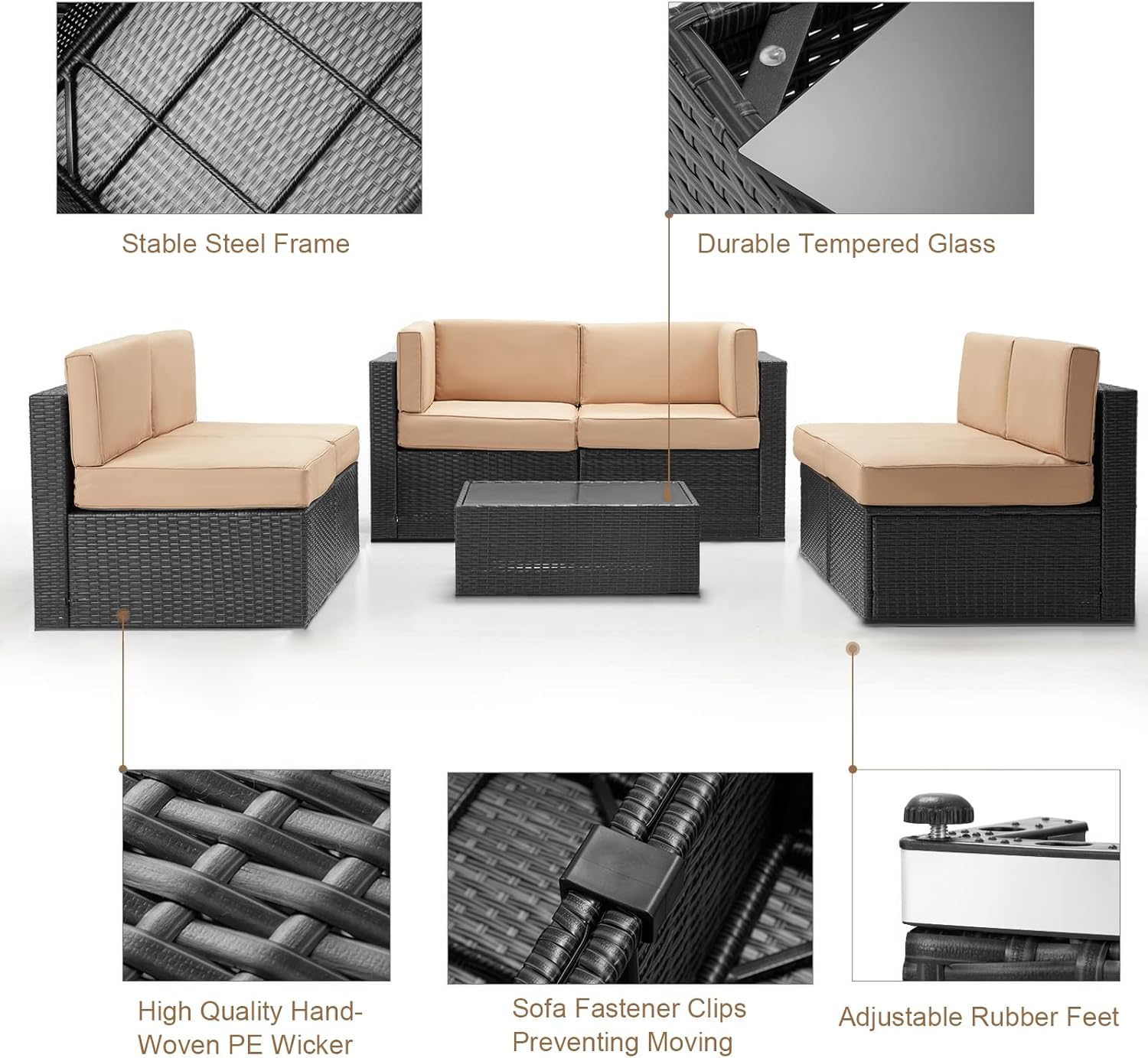 U-MAX 7-Piece Outdoor Patio Furniture Set - PE Rattan Wicker Sectional Sofa with Cushions & Coffee Table (Black Rattan & Beige Cushion) - Perfect for Garden, Backyard, Poolside & Patio Relaxation