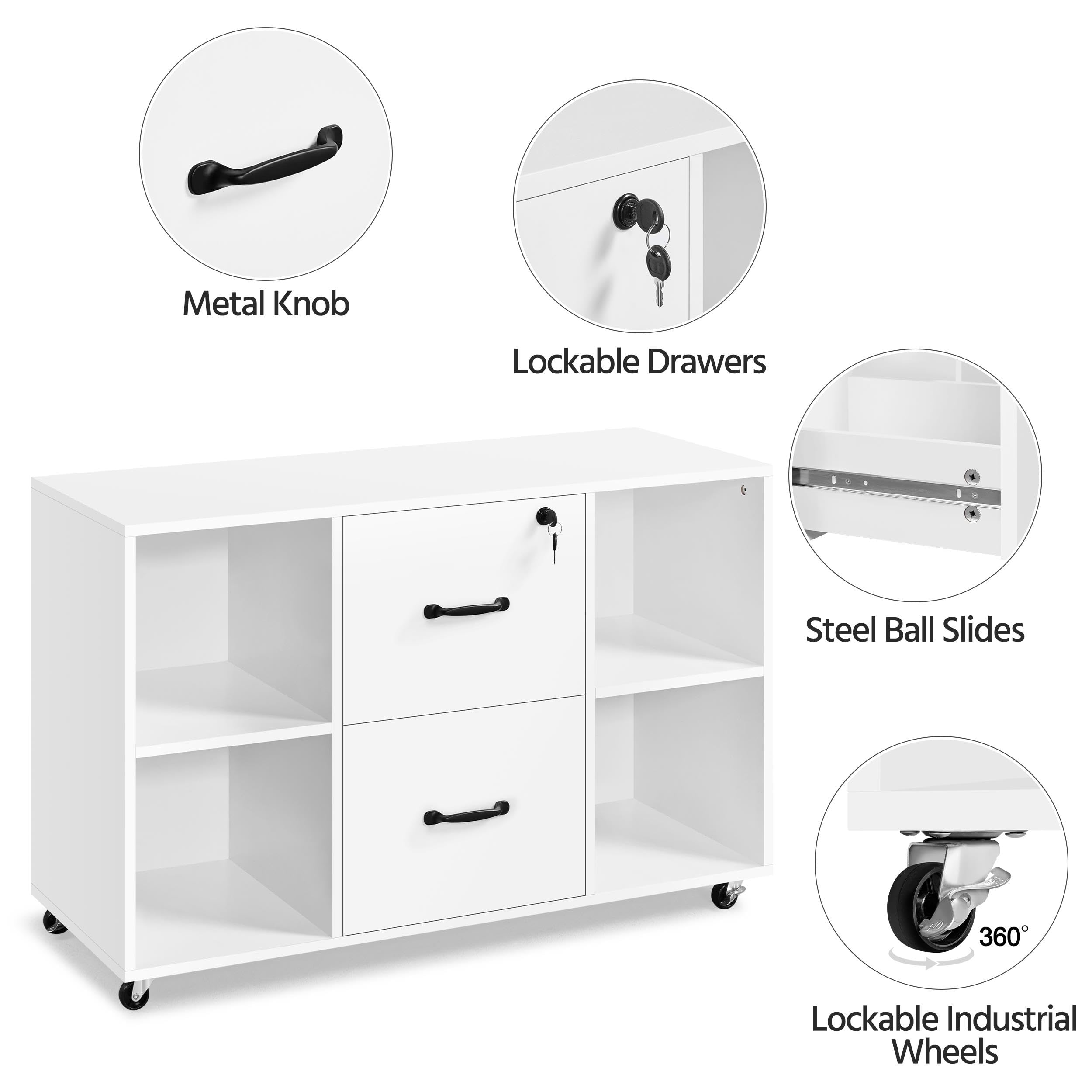 Yaheetech White 2-Drawer Mobile File Cabinet with 4 Open Shelves - Letter Size Lateral Filing Cabinet & Printer Stand for Home Office Organization - Perfect for Document Storage, Office Supplies & Workspace Organization