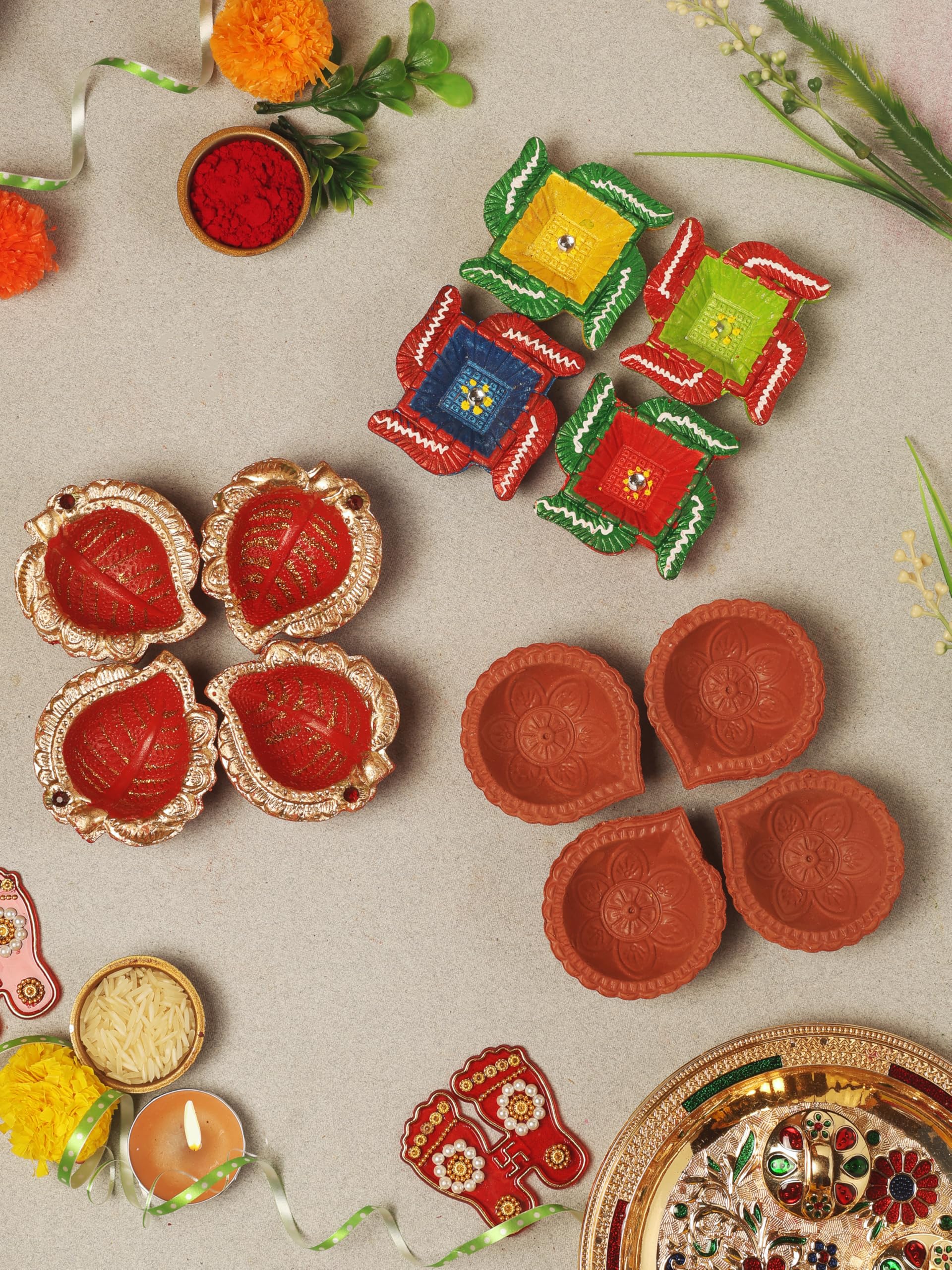 Handmade Terracotta Diya Set of 12 - Multicolor Clay Oil Lamps for Diwali, Navratri & Pooja Decorations - Traditional Indian Tea Light Holders for Home, Temple & Festival Celebrations - Perfect for Wedding, Mandir Decor & Spiritual Ceremonies - TRBD12M-02