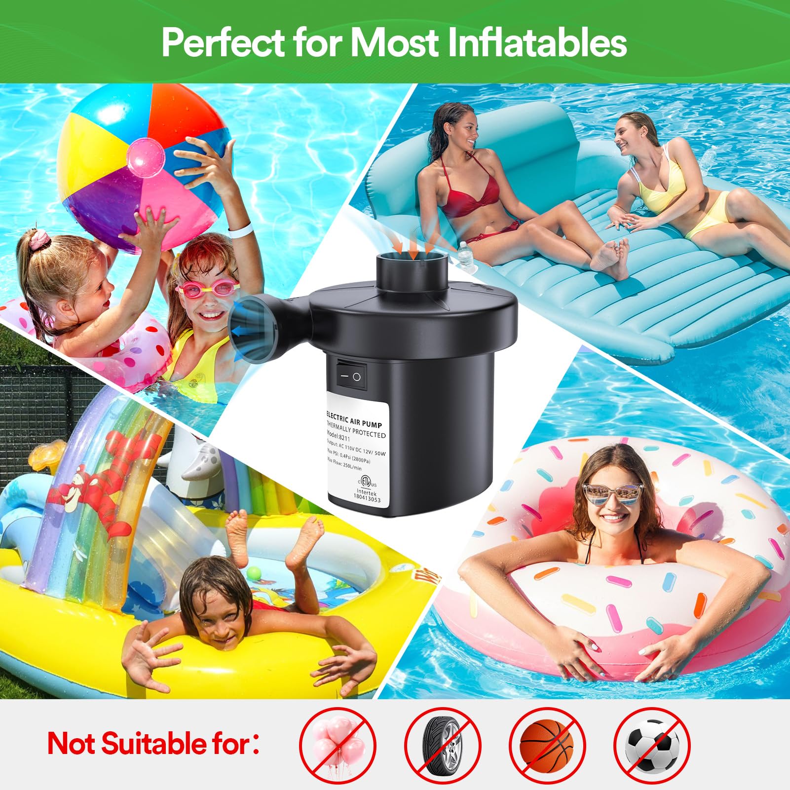 **PULIDIKI 50W Electric Air Pump for Inflatables - Portable Quick Inflator/Deflator with 3 Nozzles - Ideal for Air Mattress, Air Sofa, Pool Toys - Perfect for Camping, Travel & Home Use (AC/DC Power)**