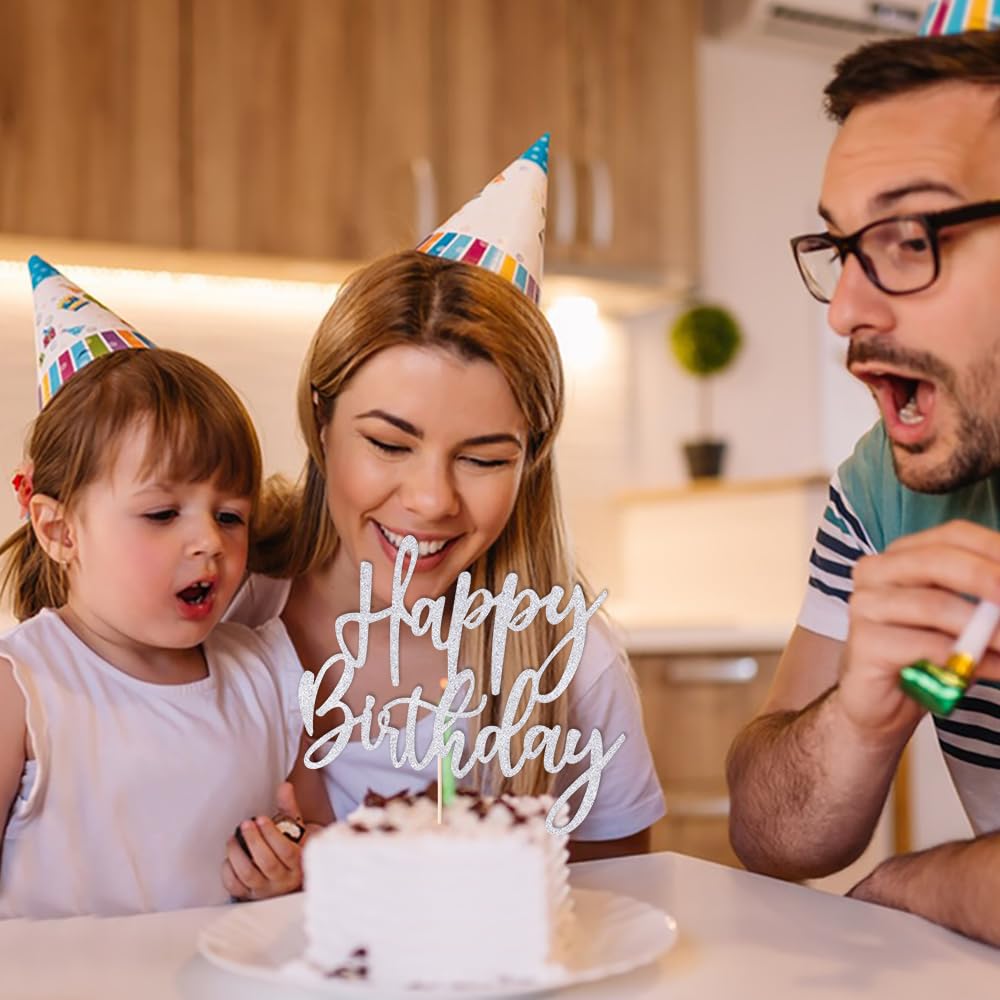 LVEUD Glitter Happy Birthday Cake Topper - Silver Shimmer Cake Decoration for Anniversary & Birthday Parties | Perfect for Wedding, Baby Shower & Celebration Cakes