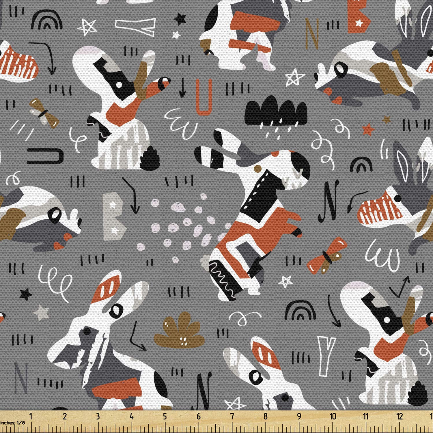 Ambesonne Abstract Fabric by The Yard - Funny Easter Rabbit Cartoon Bunny Art Doodle Forest Print - Decorative Upholstery Fabric for Sofa, Curtains & Home Decor - 10 Yards - Grey Rust Chocolate - Perfect for Easter Decorations & Spring Home Accents