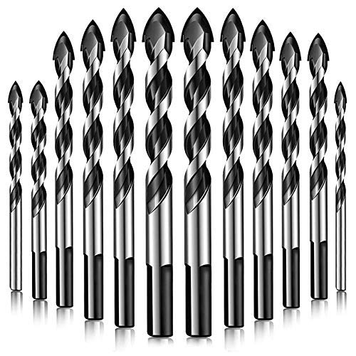 12Pcs Tile Drill Bits Set - Triple-Fluted Drill Bits for Tile, Wood, Porcelain, Glass, Concrete & Brick Walls - Masonry Cutter Set for DIY Home Improvement & Professional Construction Projects