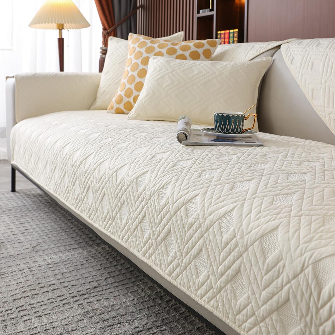 VCTOPS Geometric Quilted Sofa Cover - Cotton Sectional Couch Protector with Anti-Slip Backing for L-Shaped Couches, Kids & Pets - 1 Piece Beige Furniture Protector (43