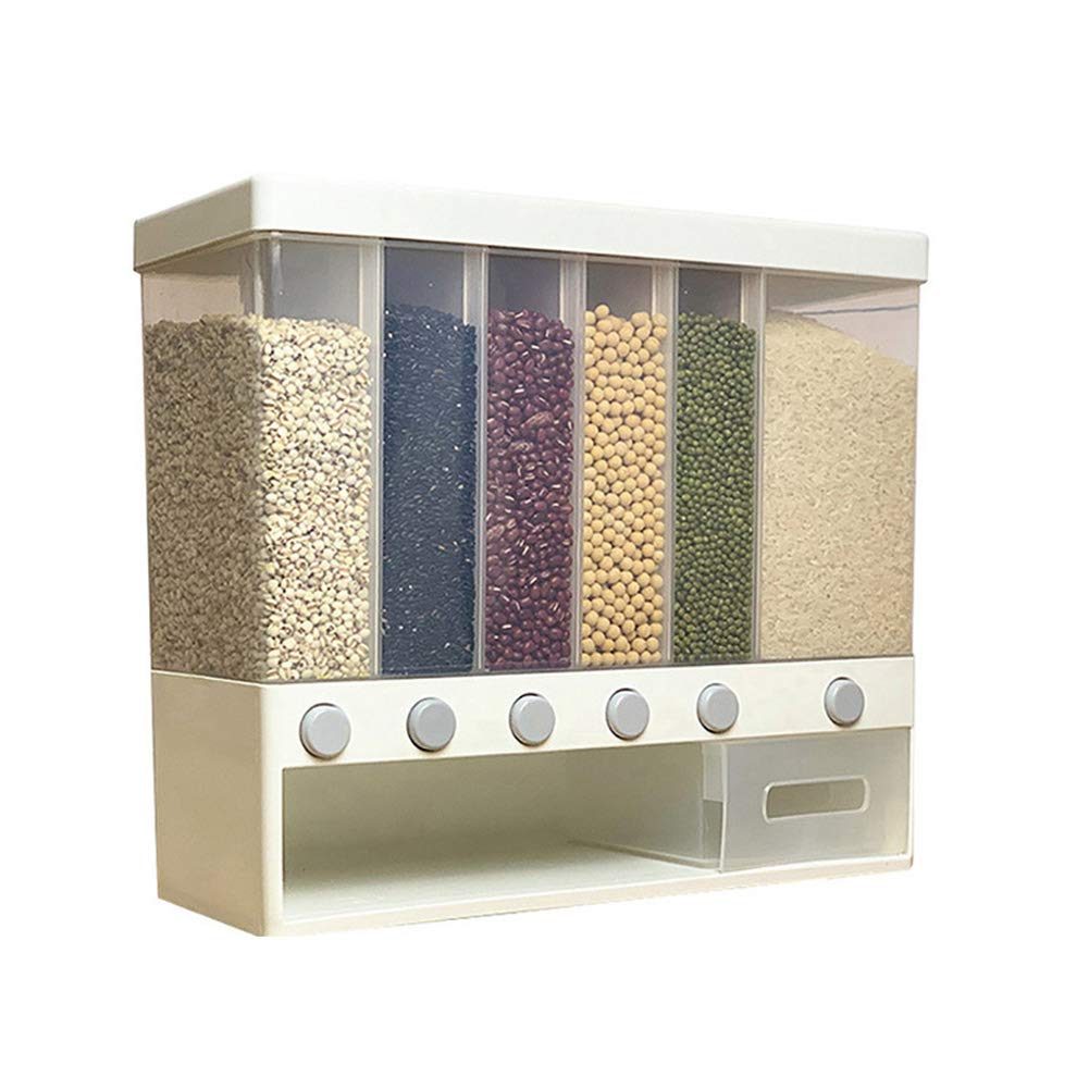 6-Grid Wall-Mounted Whole Grain Rice Storage Container - Dry Food Dispenser for Rice, Cereals & Dried Fruits | Space-Saving Kitchen Organizer for Pantry & Countertop Use
