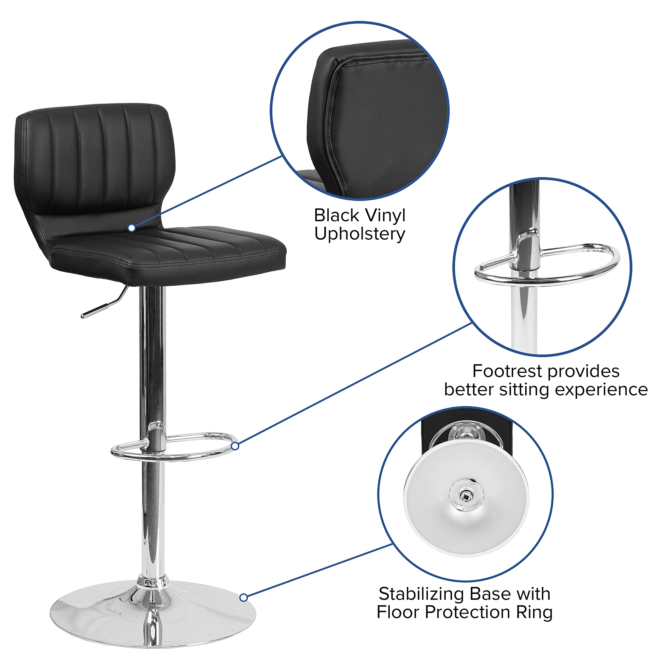 EMMA + OLIVER Black Vinyl Adjustable Height Bar Stool with Vertical Stitch Back - Modern Kitchen Island & Breakfast Nook Seating for Home & Restaurant Use
